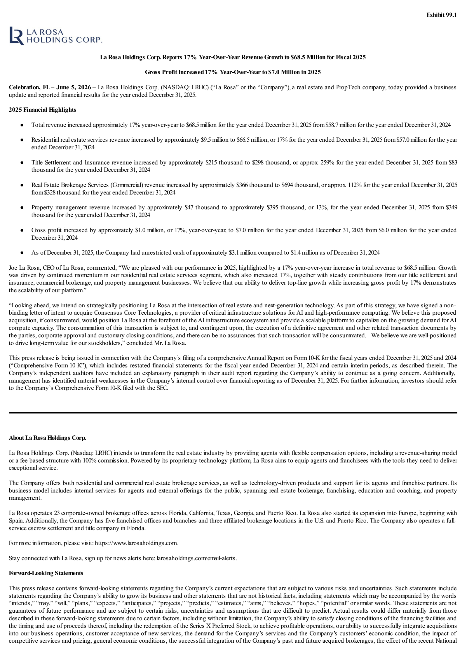 La Rosa's Q4 2025 Press Release