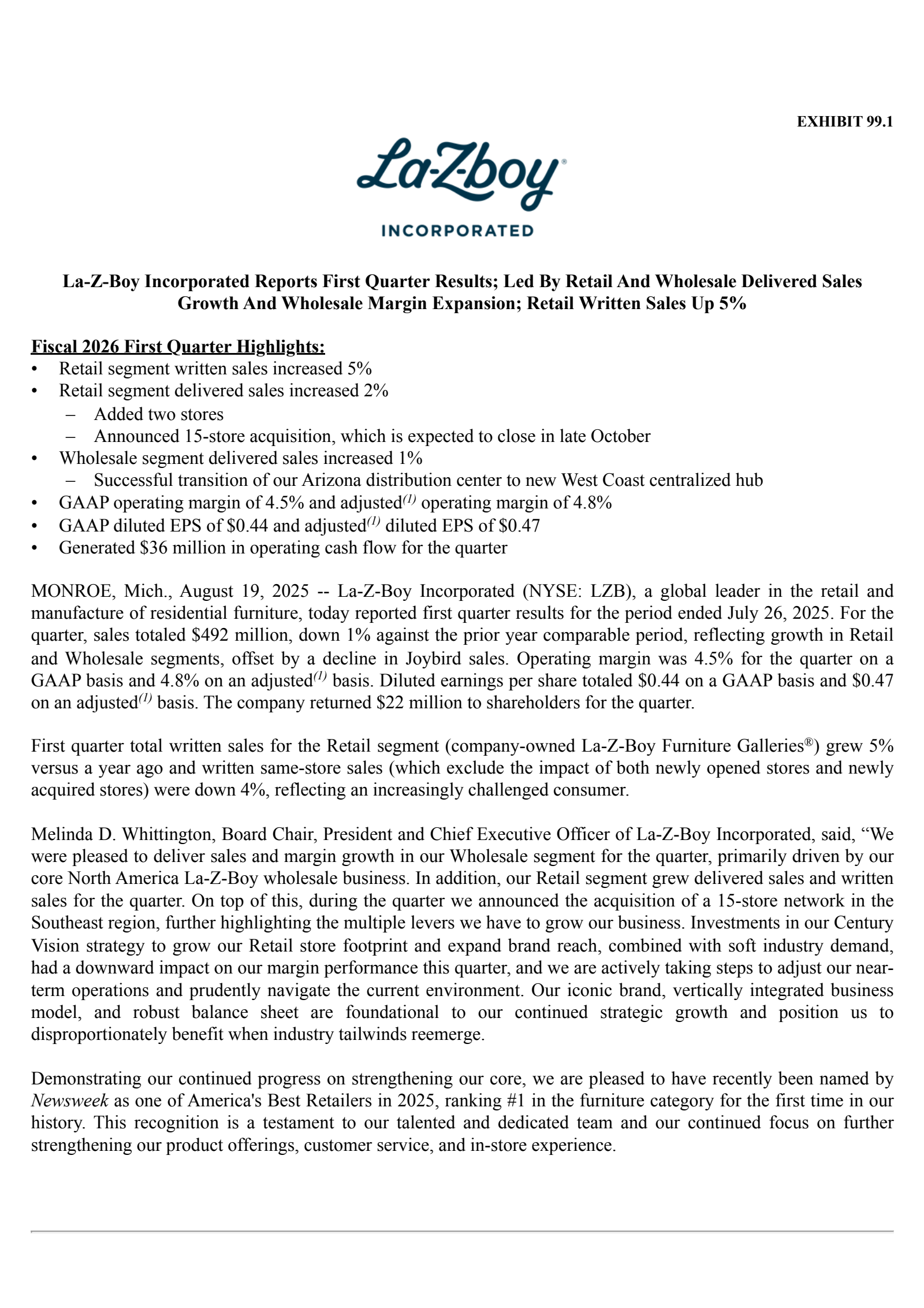 La-Z-Boy's Q1 2026 Press Release
