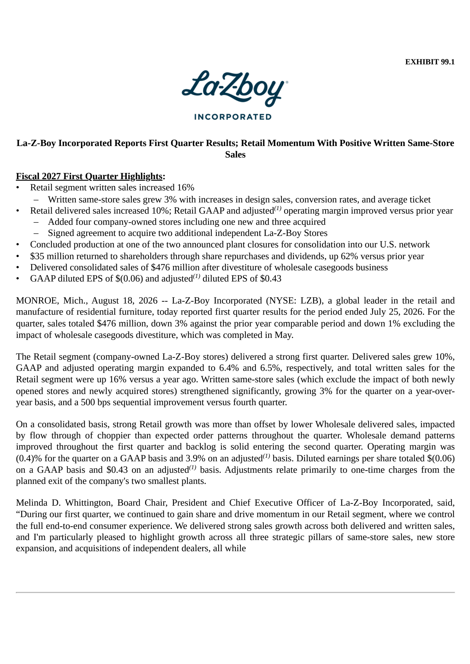 La-Z-Boy's Q1 2027 Press Release