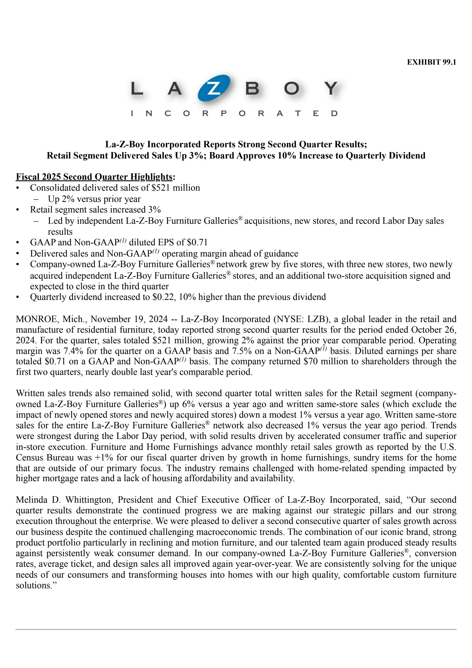 La-Z-Boy's Q2 2025 Press Release