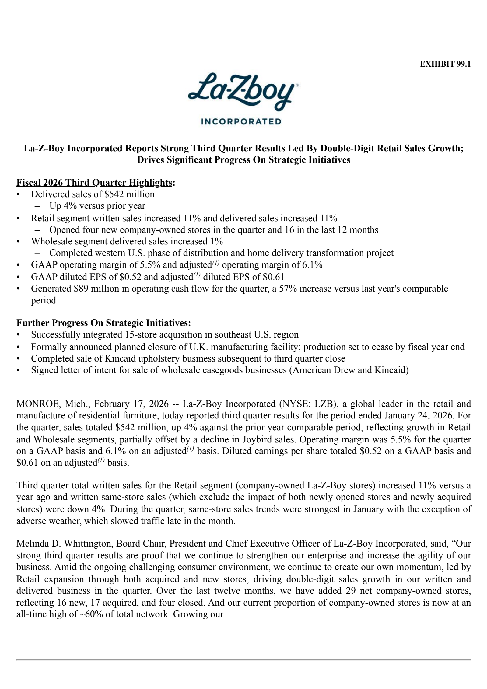 La-Z-Boy's Q3 2026 Press Release