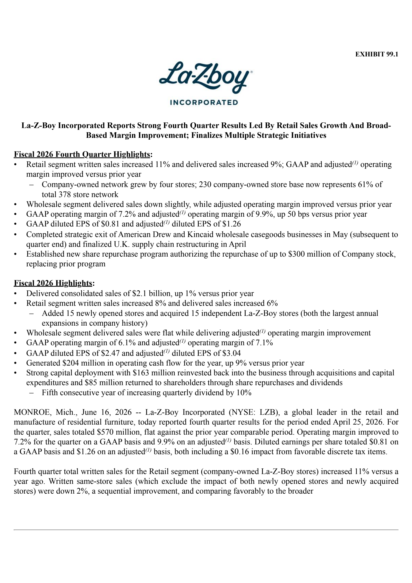La-Z-Boy's Q4 2026 Press Release