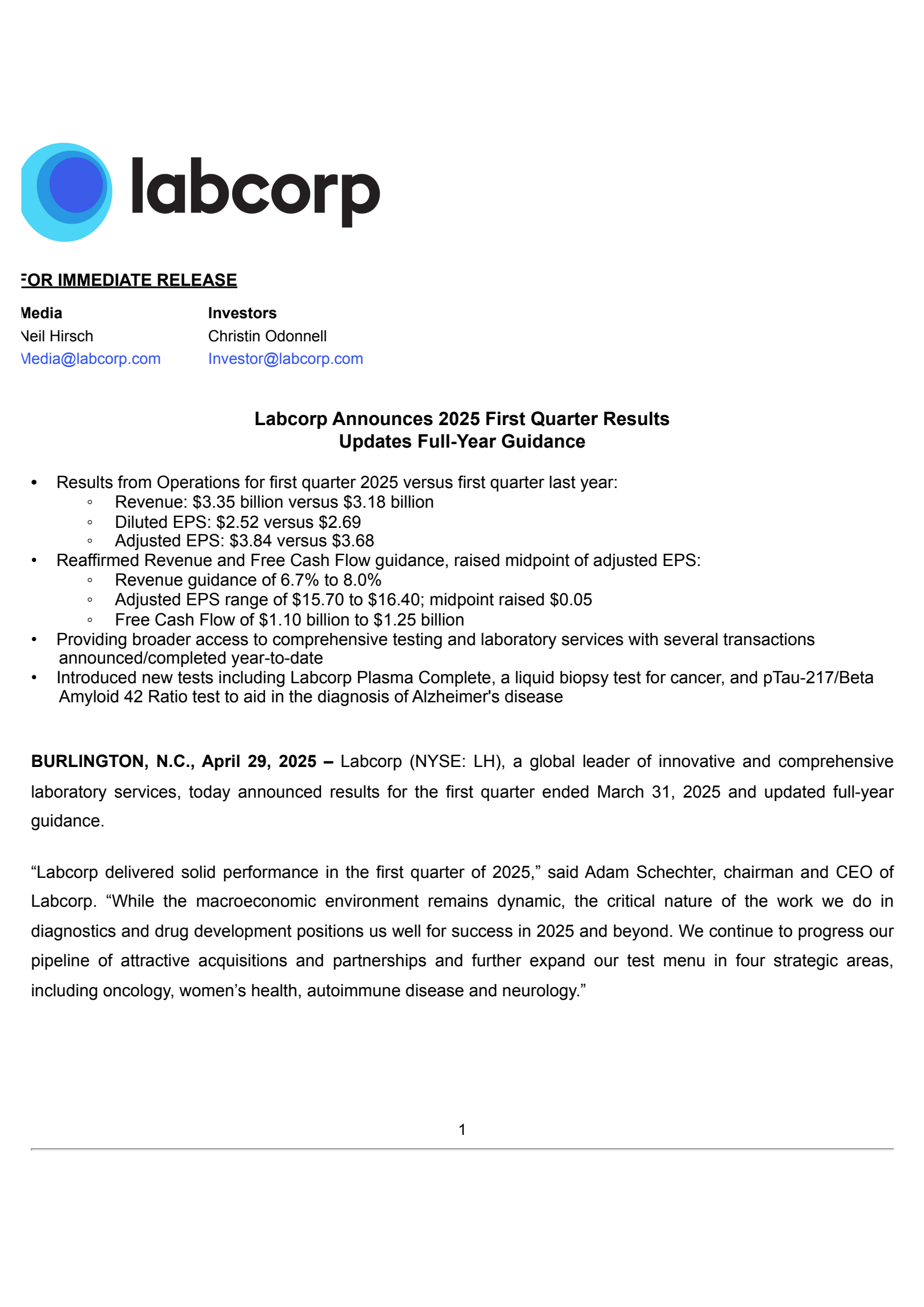 LH Q1 2025 Earnings Report on 4/29/2025
