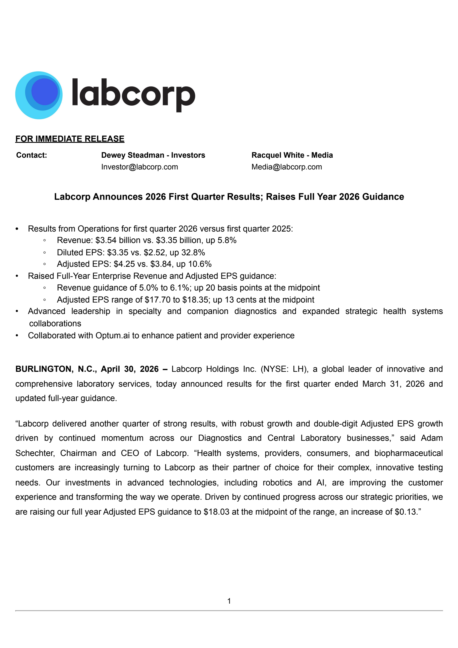 Labcorp's Q1 2026 Press Release