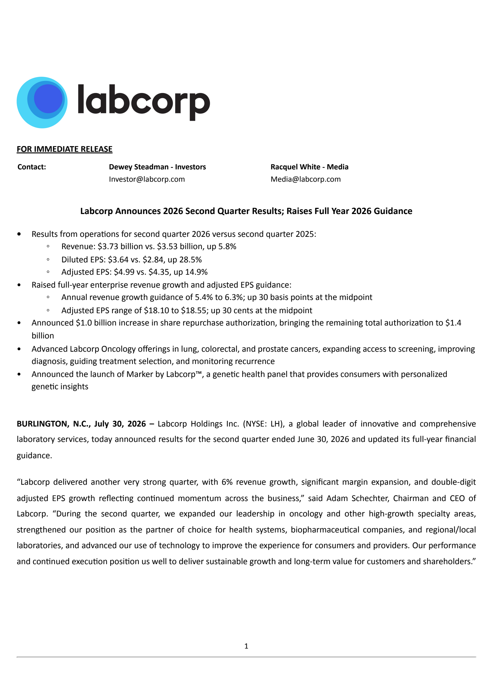 Labcorp's Q2 2026 Press Release