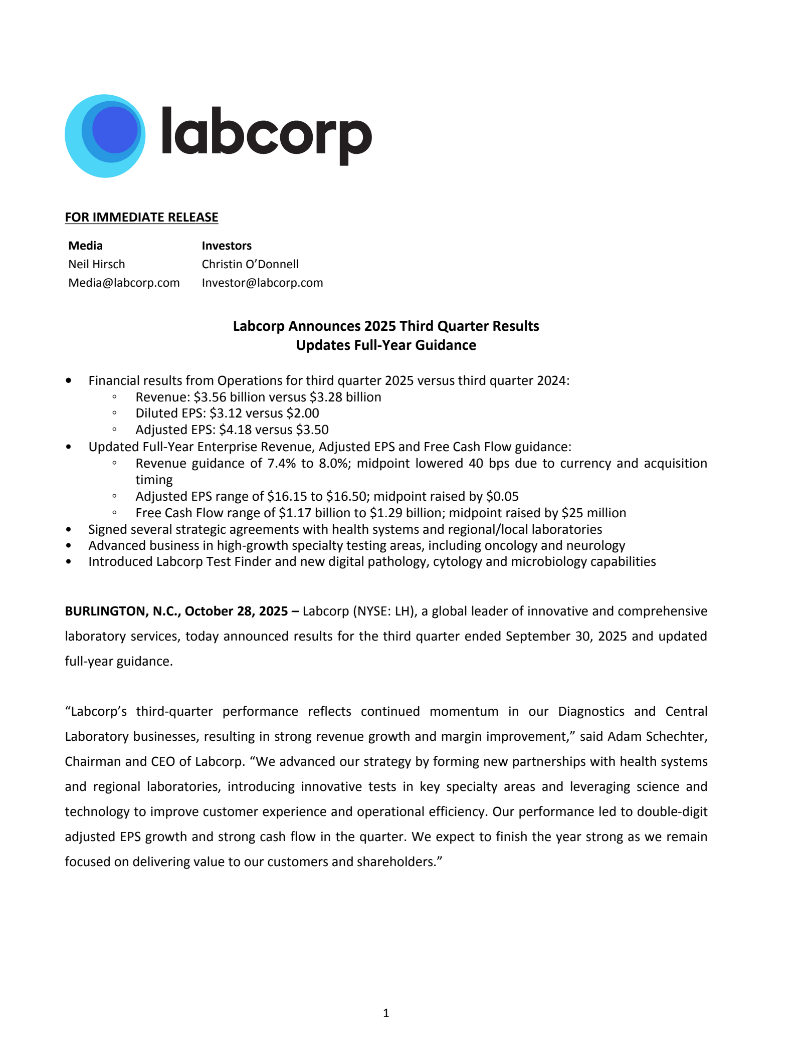Labcorp's Q3 2025 Earnings Release