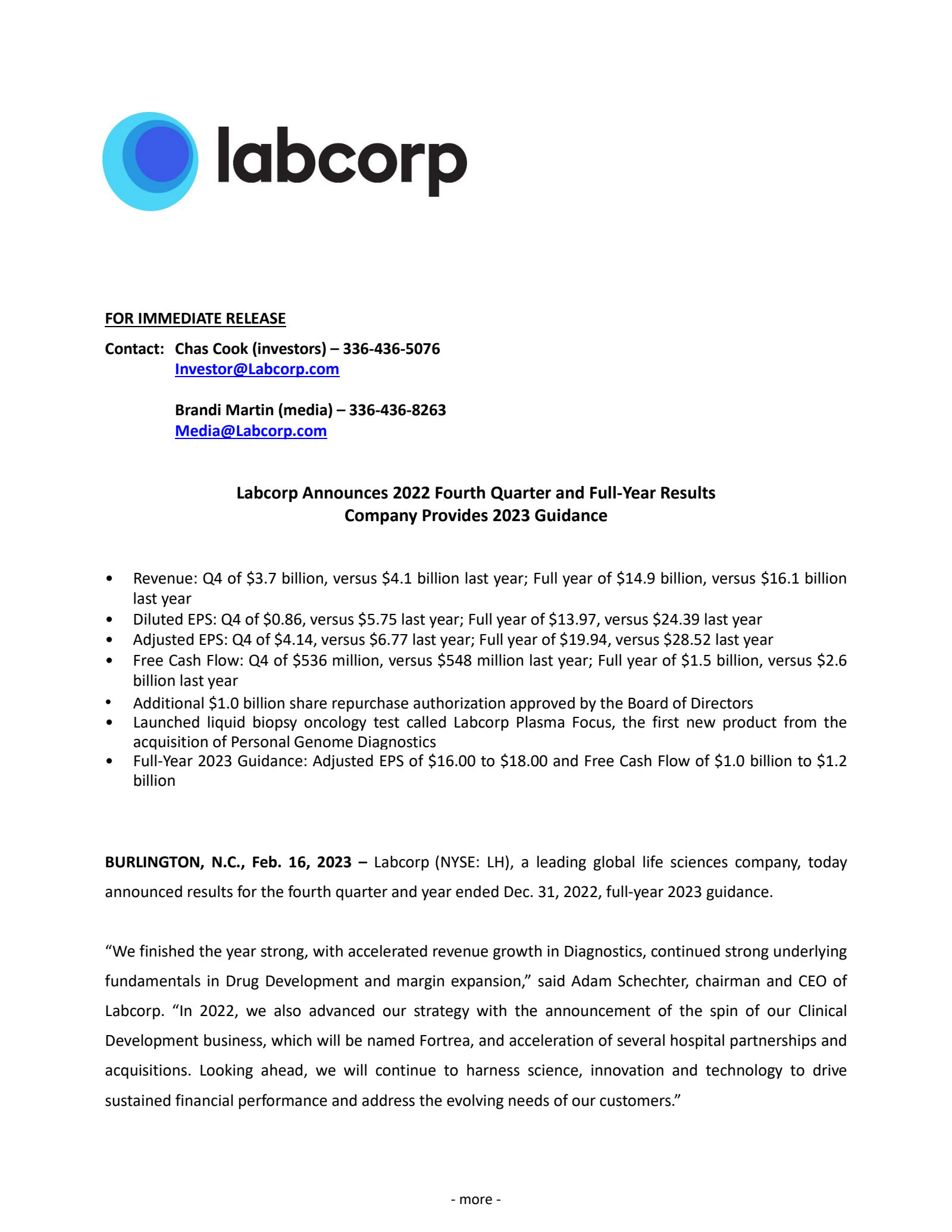 Labcorp's Q4 2022 Earnings Release