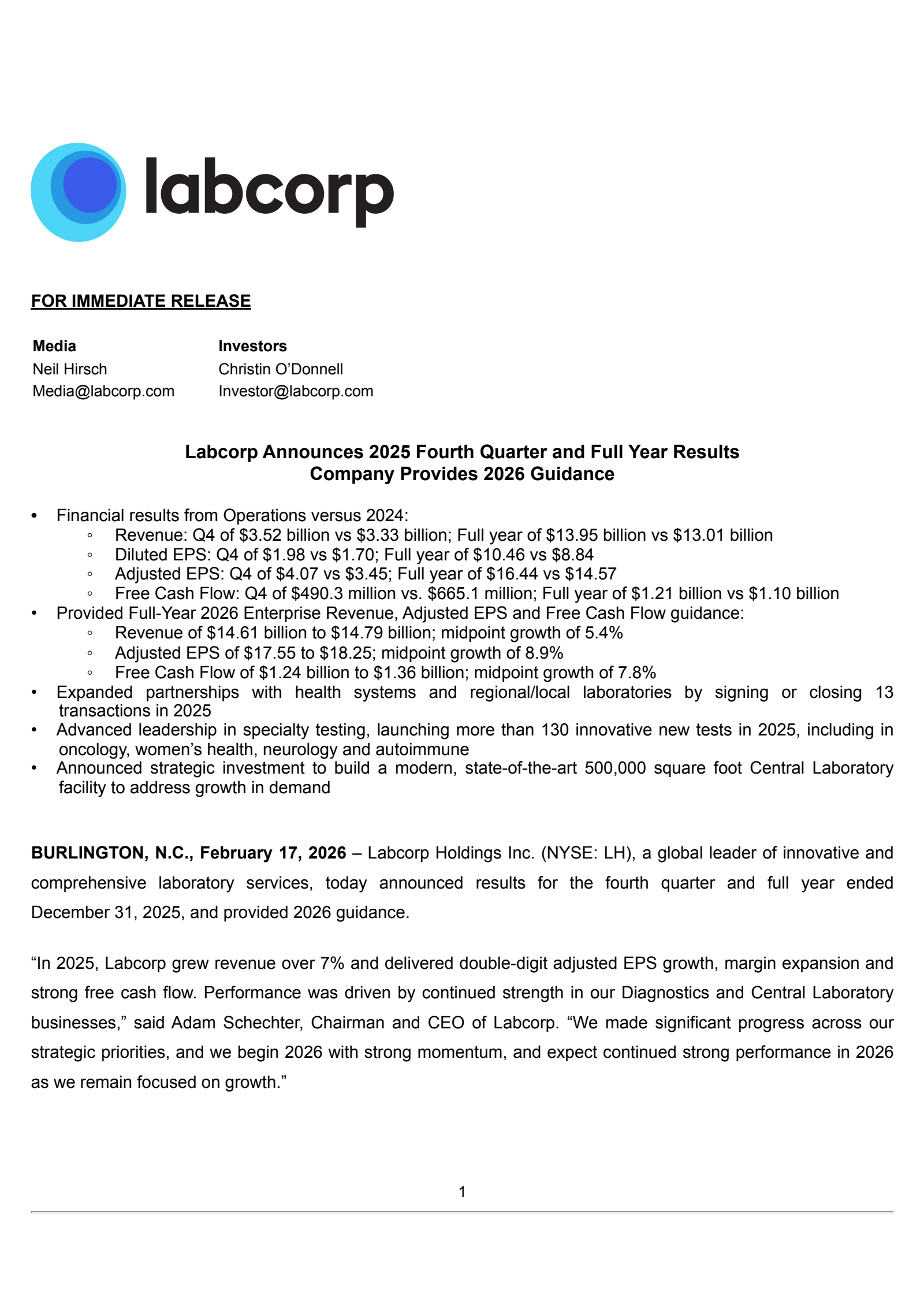 Labcorp's Q4 2025 Press Release
