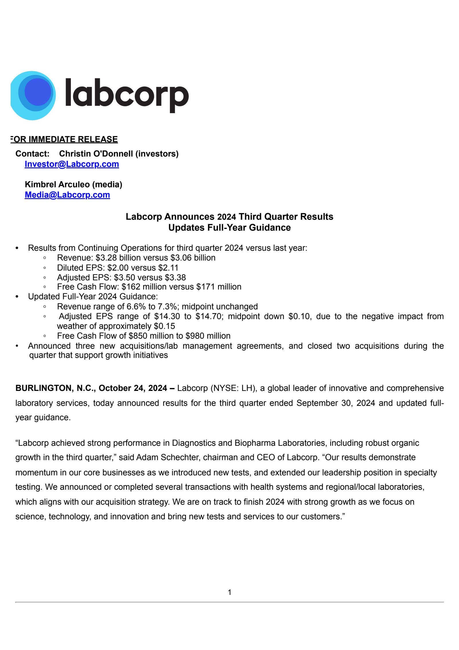 Laboratory Co. of America's Q3 2024 Press Release