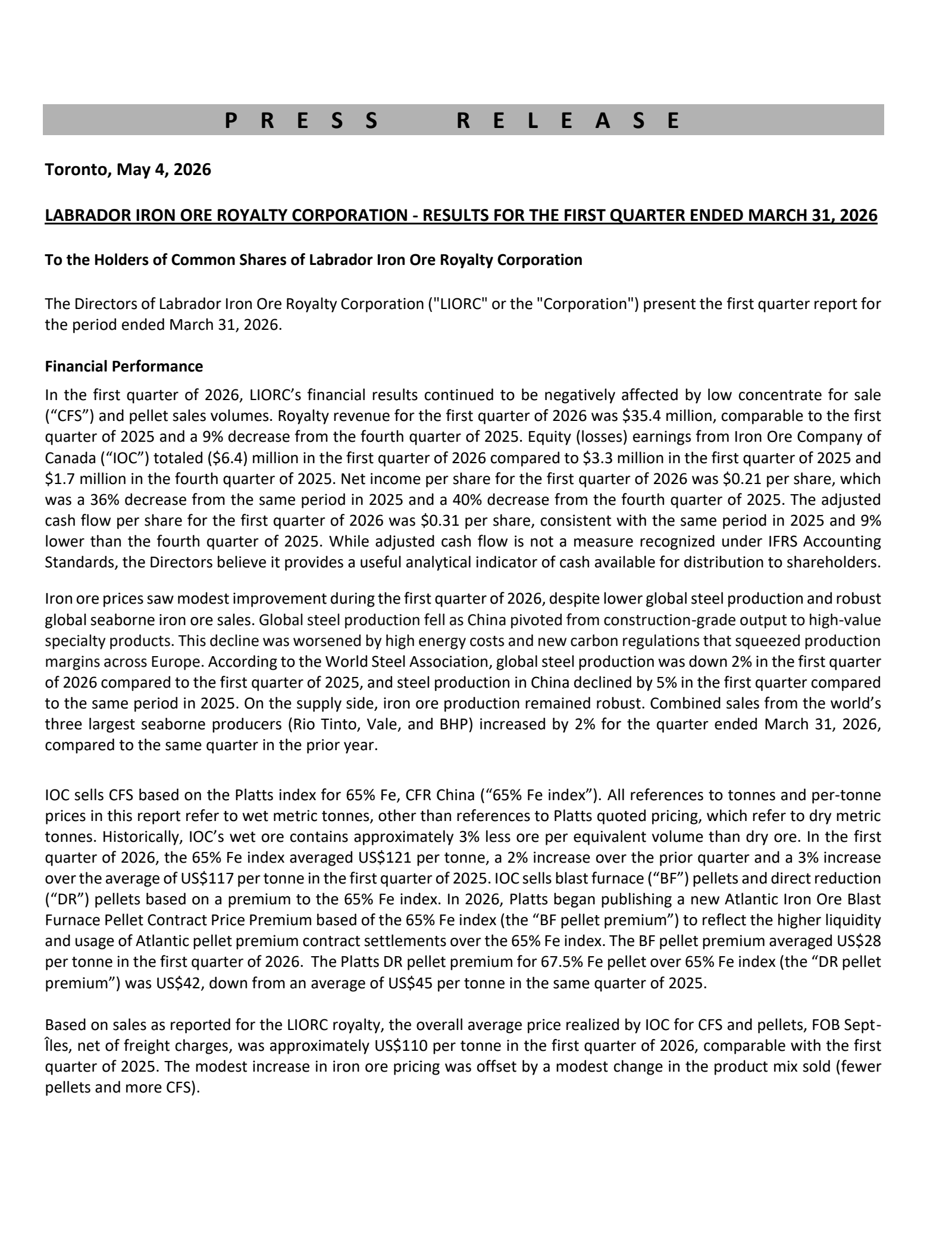 Labrador Iron Ore Royalty's Q1 2026 Press Release