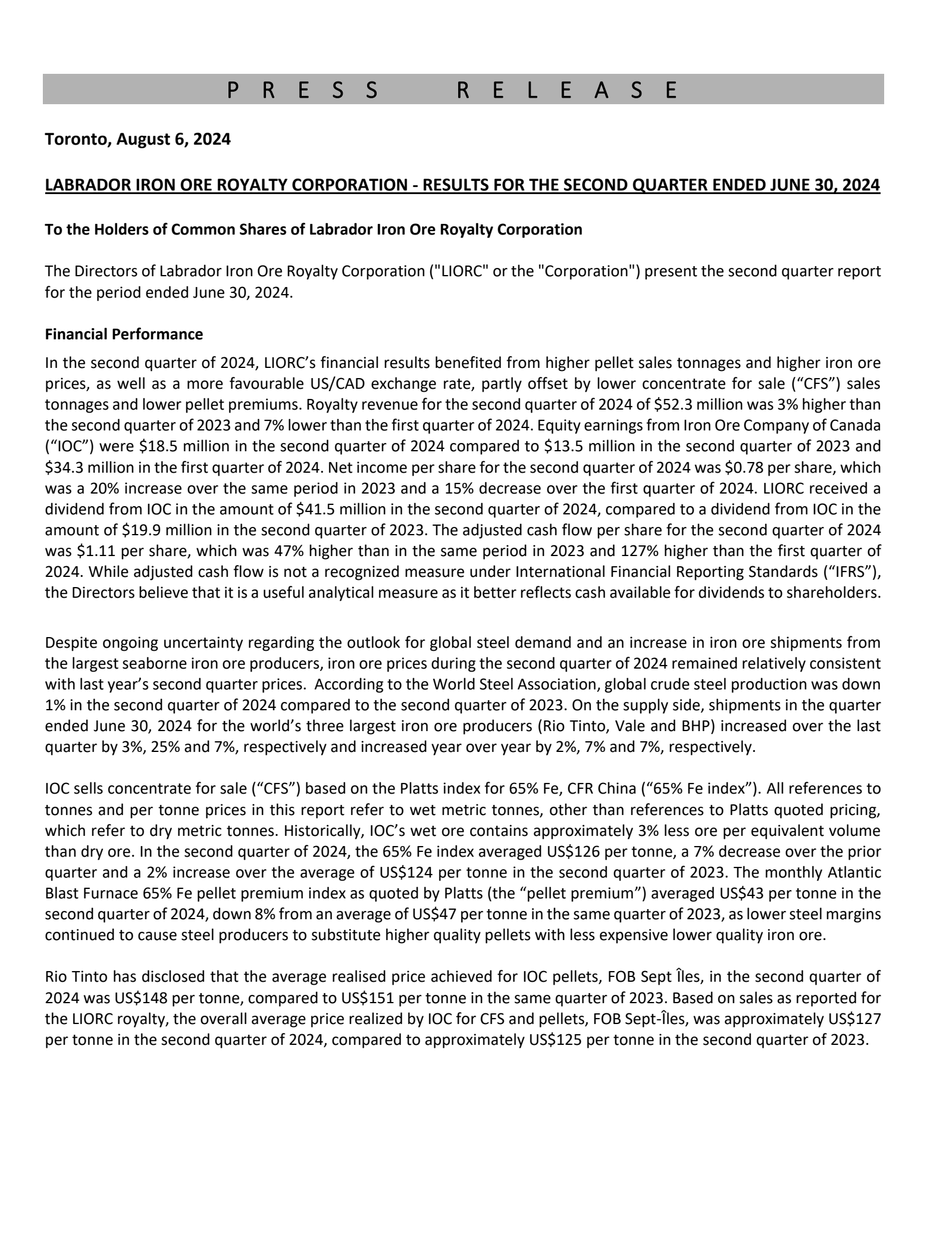 Labrador Iron Ore Royalty's Q2 2024 Interim report