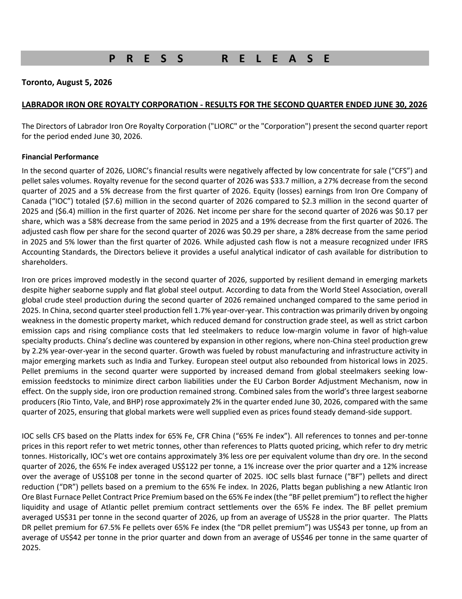 Labrador Iron Ore Royalty's Q2 2026 Press Release