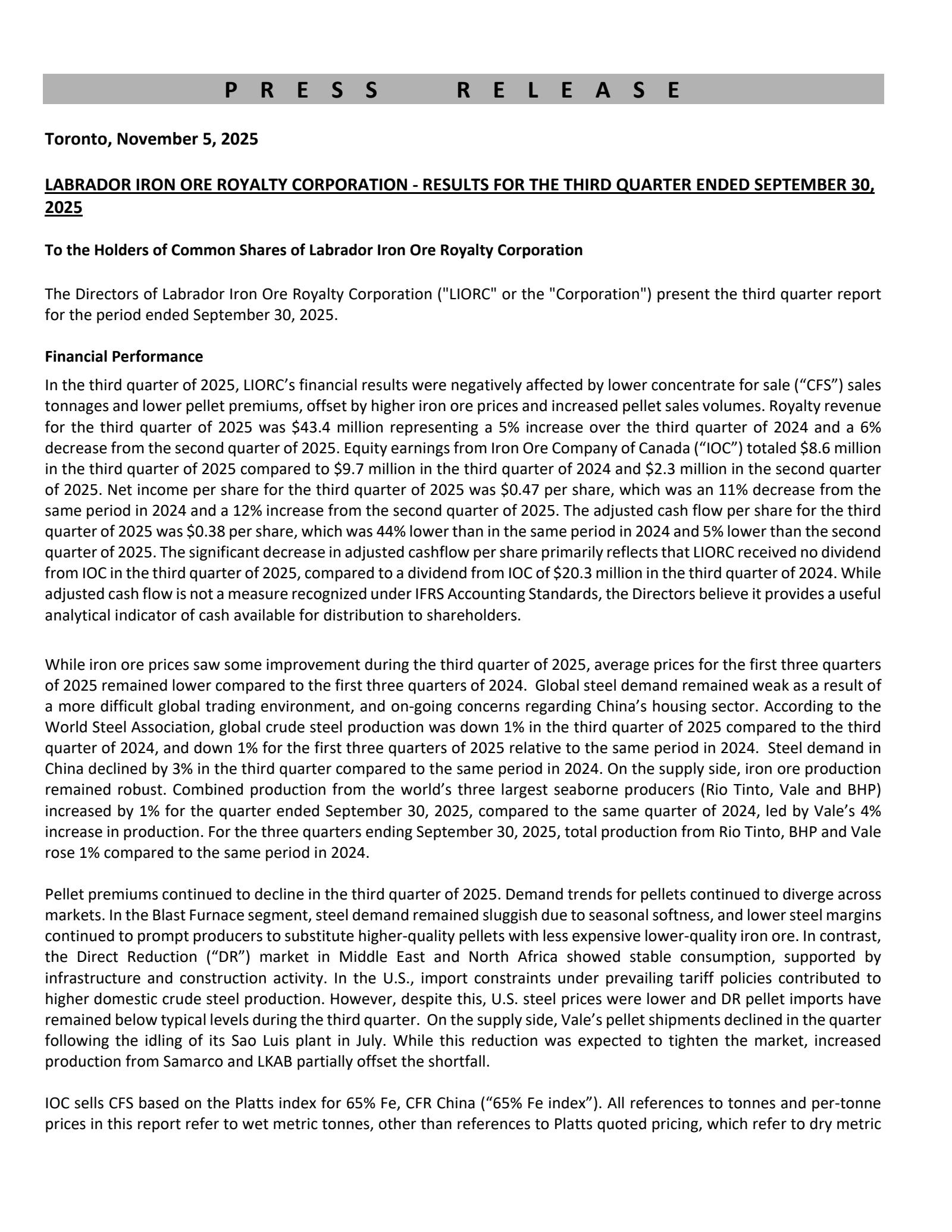 Labrador Iron Ore Royalty's Q3 2025 Earnings Release