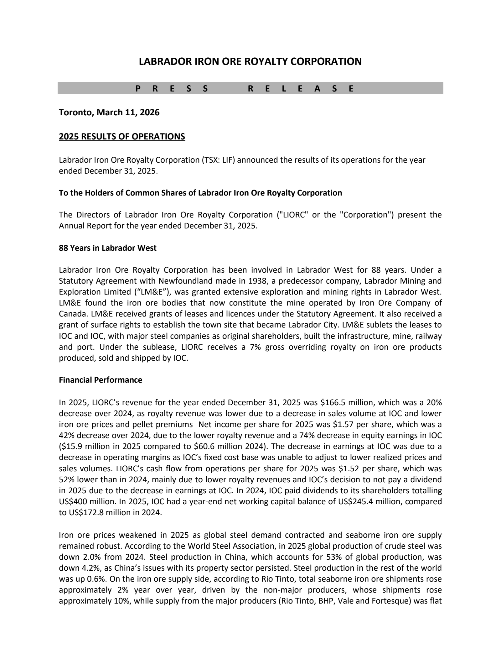 Labrador Iron Ore Royalty's Q4 2025 Press Release