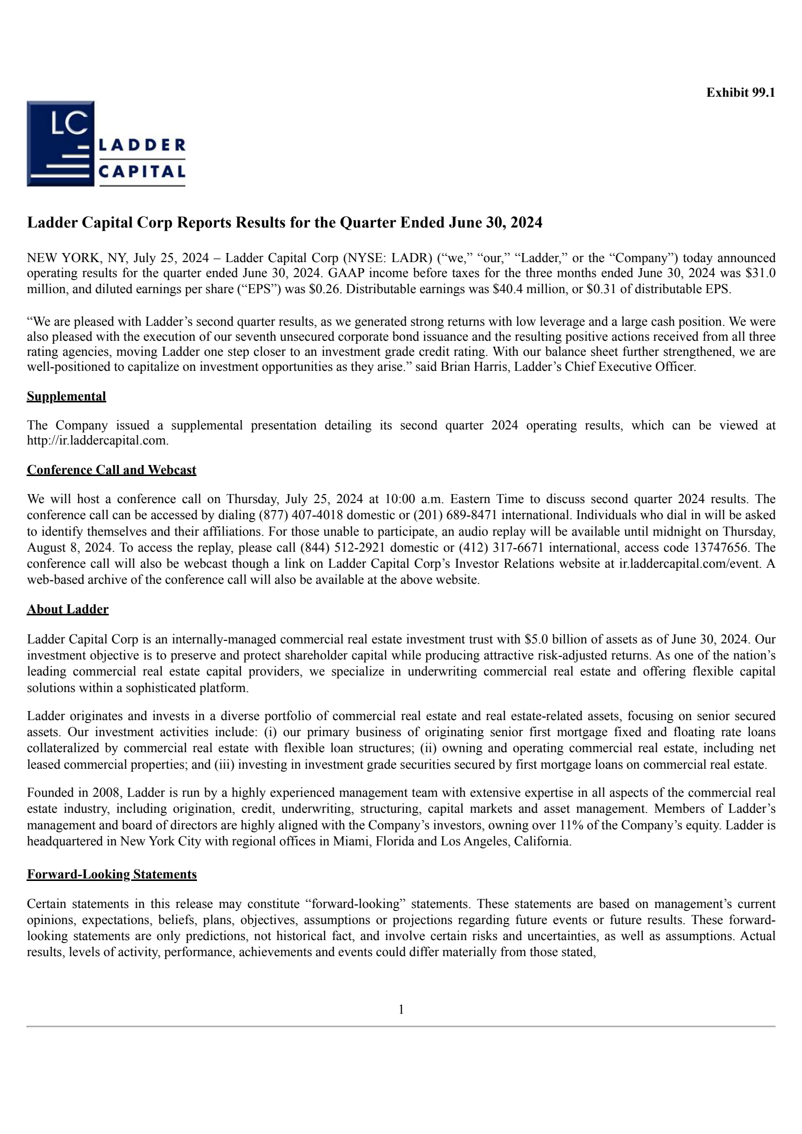 Ladder Capital's Q2 2024 Press Release