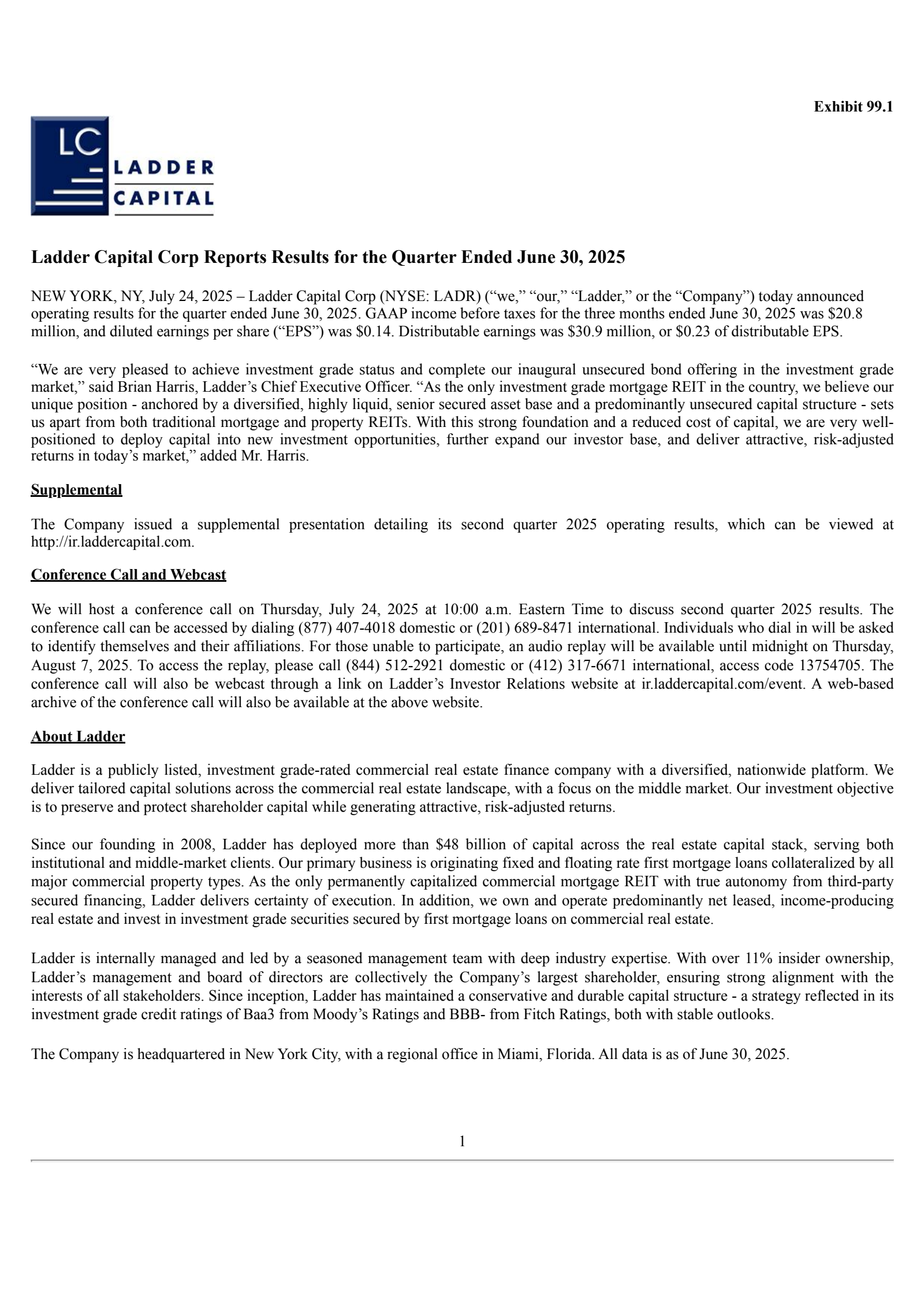 Ladder Capital's Q2 2025 Press Release