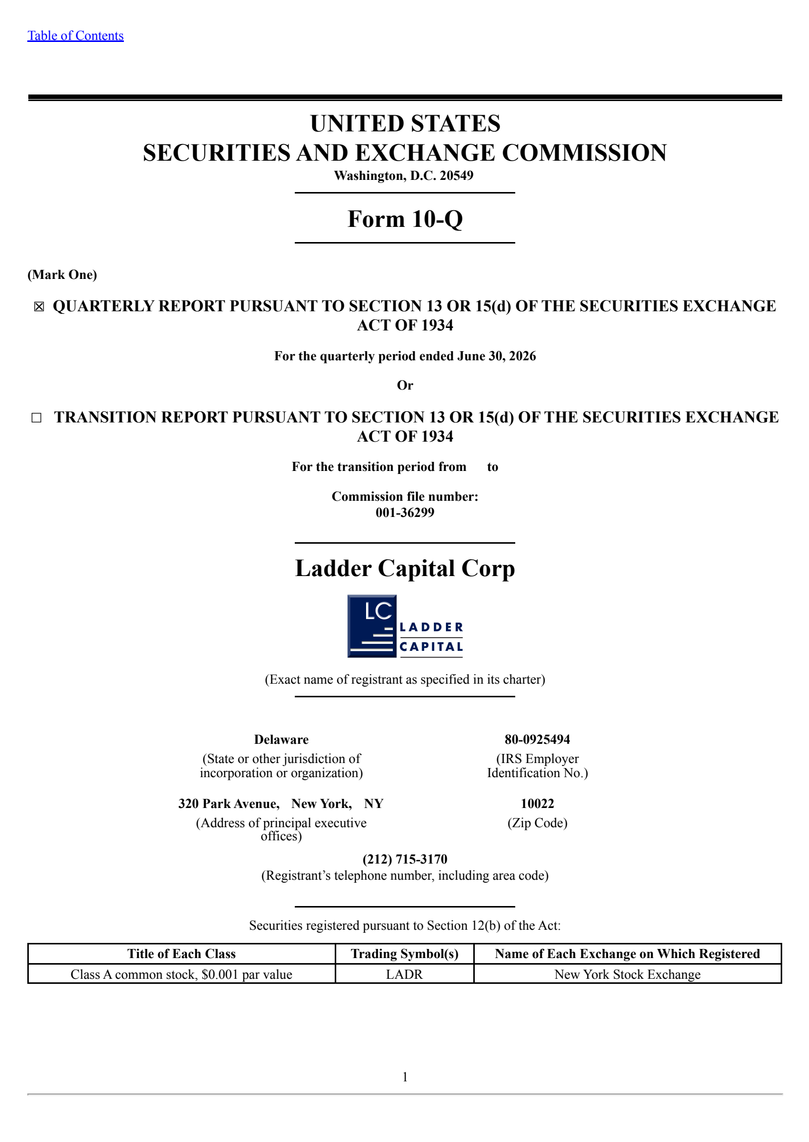 Ladder Capital's Q2 2026 Quarterly report