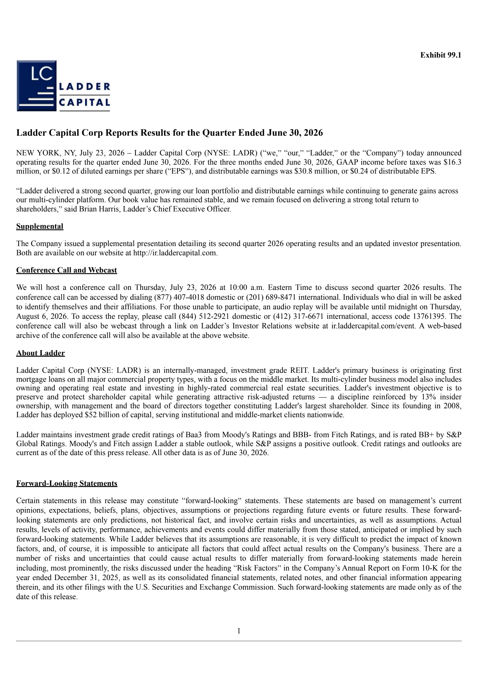 Ladder Capital's Q2 2026 Press Release