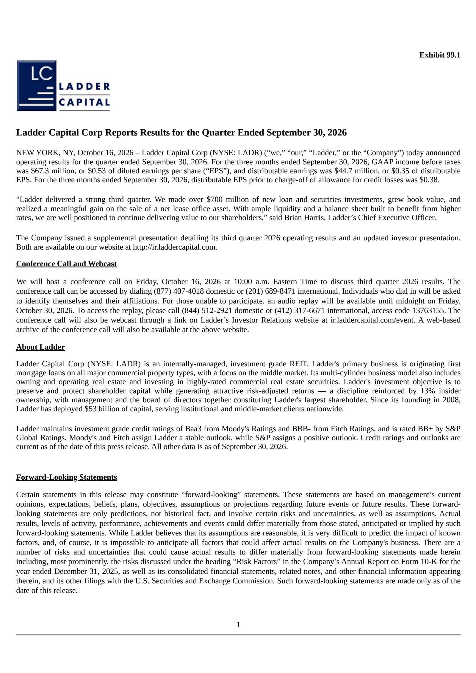 Ladder Capital's Q3 2026 Press Release