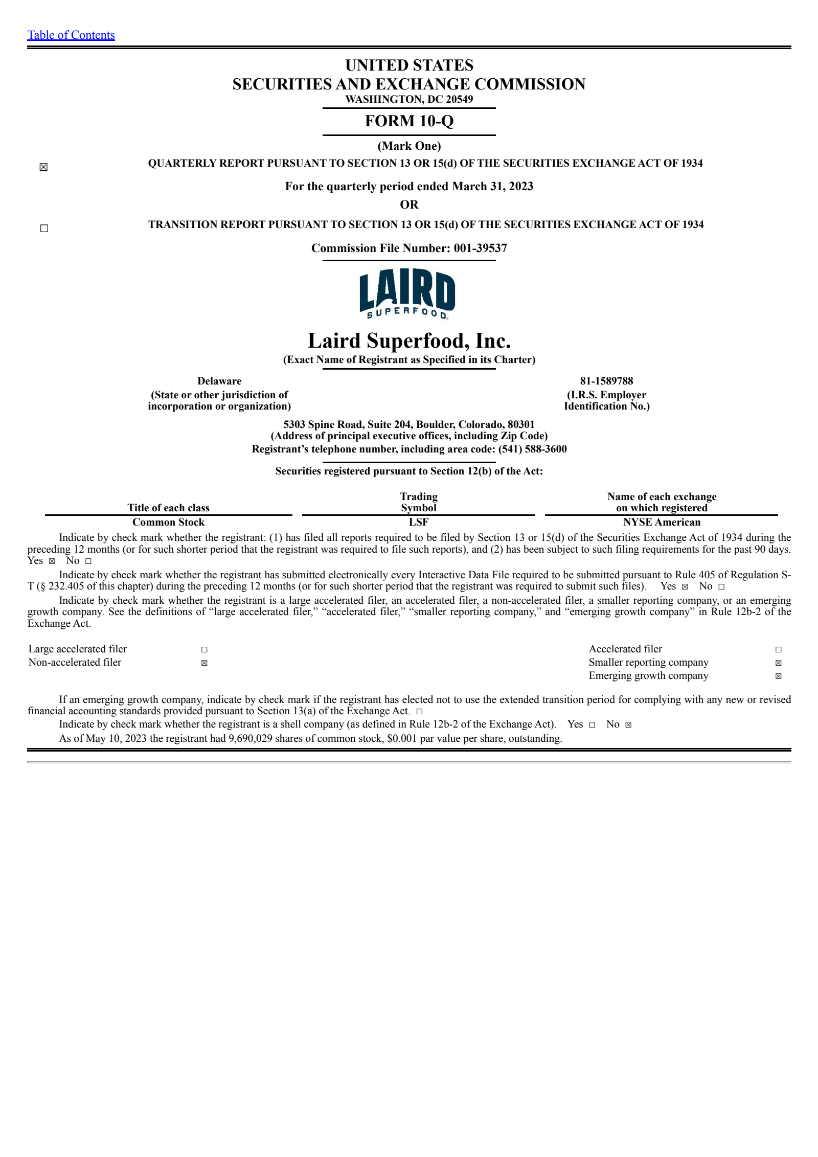 Laird Superfood's Q1 2023 Quarterly report