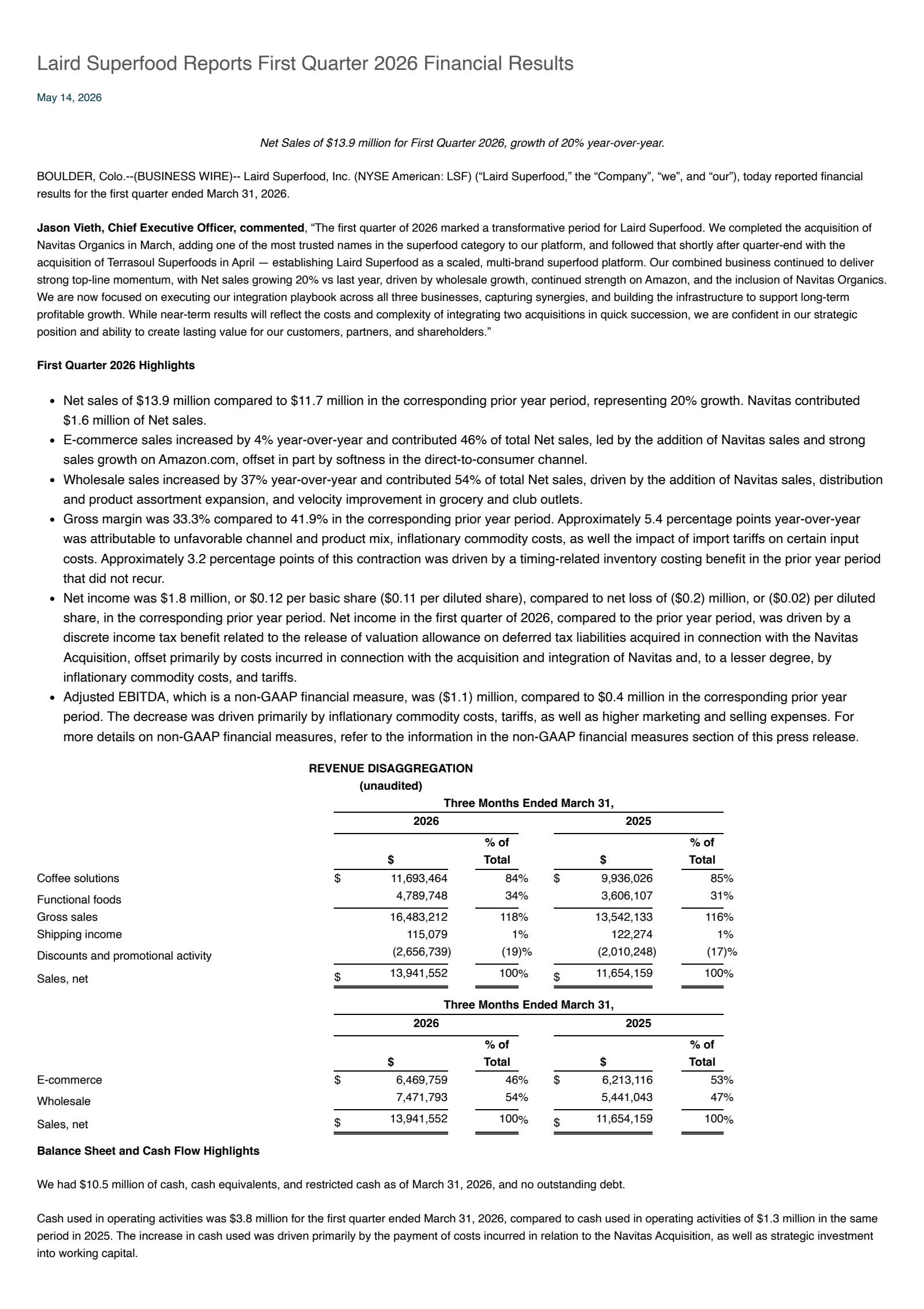 Laird Superfood's Q1 2026 Press Release
