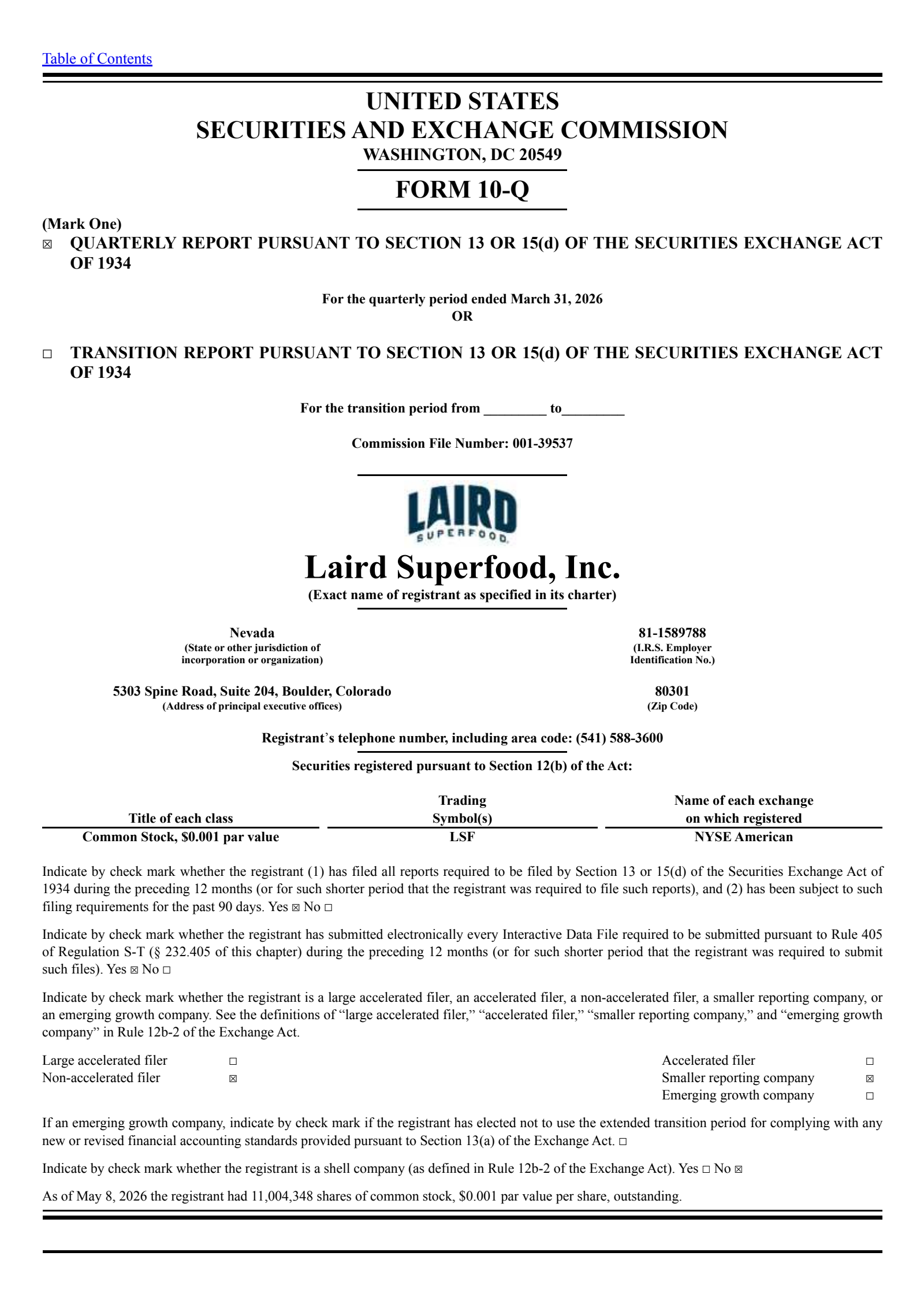 Laird Superfood's Q1 2026 Quarterly report