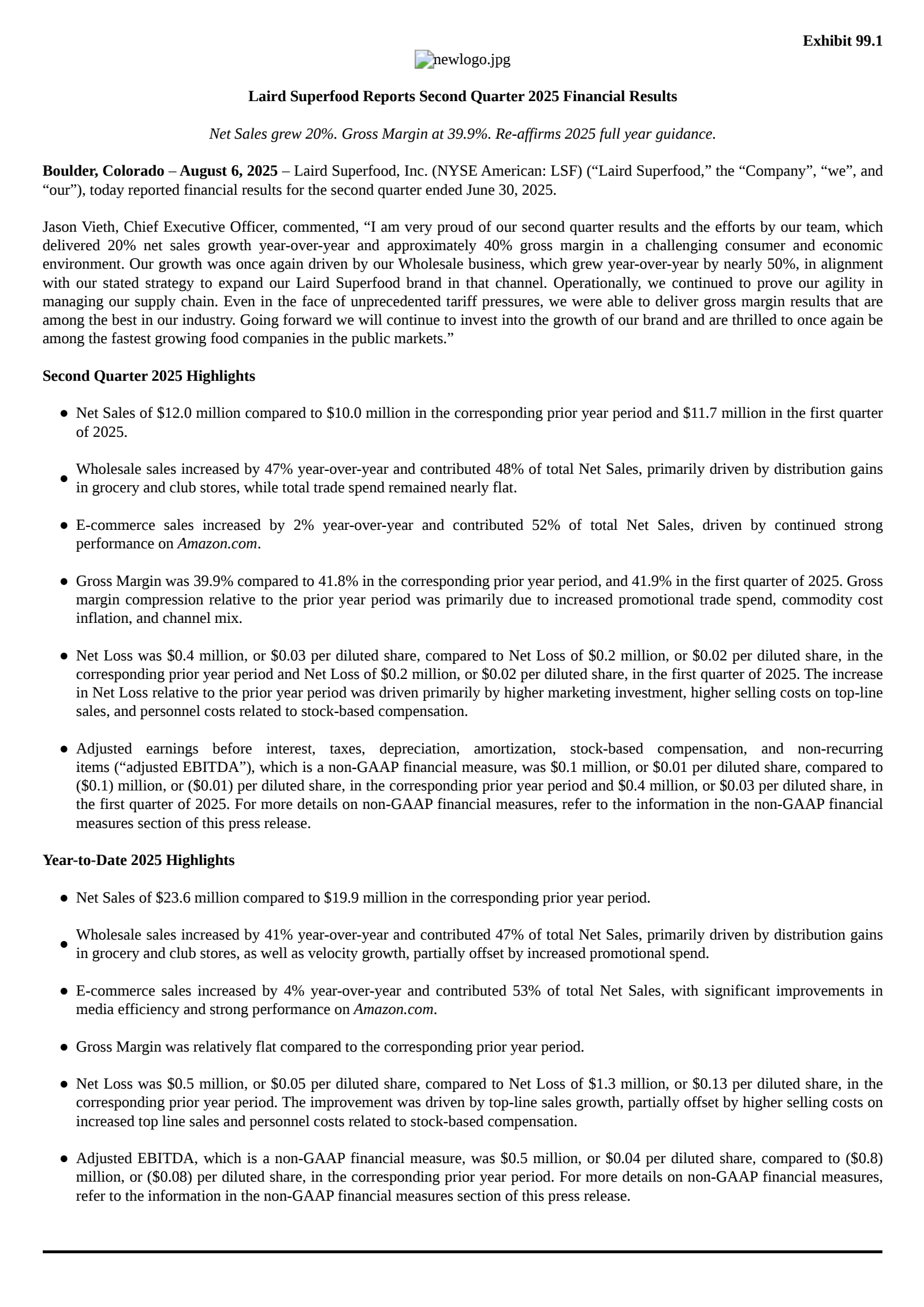 Laird Superfood's Q2 2025 Press Release