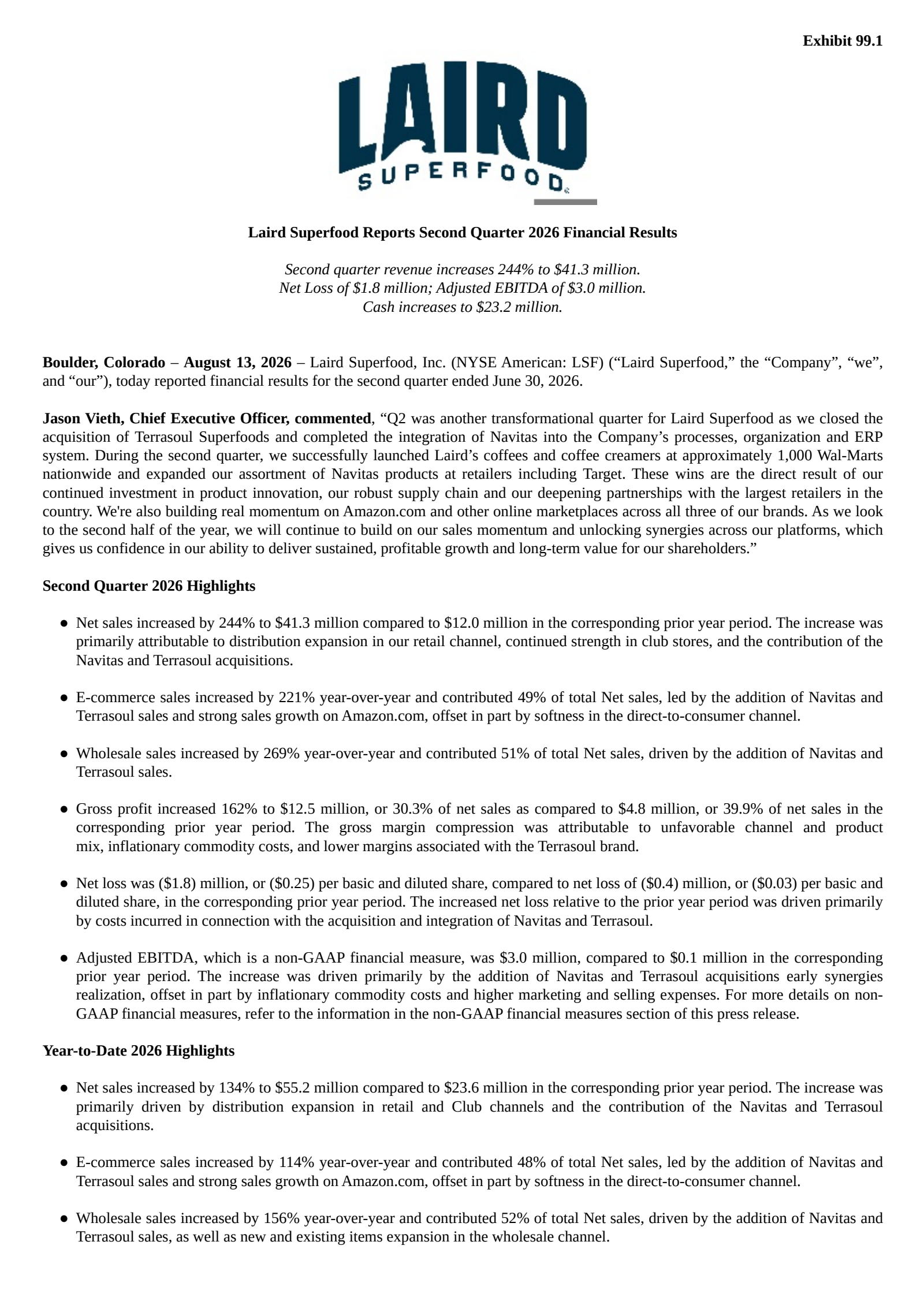 Laird Superfood's Q2 2026 Press Release