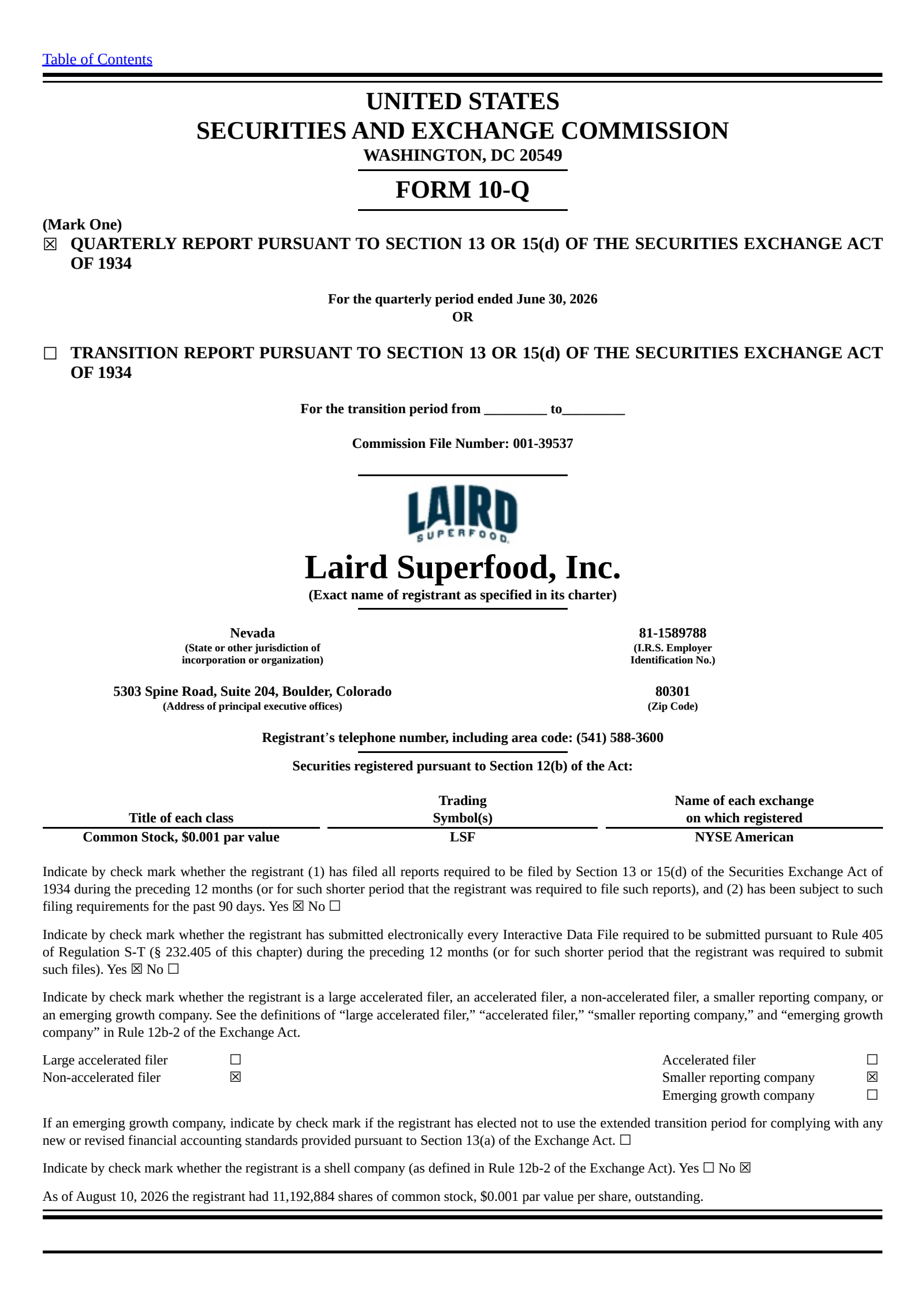 Laird Superfood's Q2 2026 Quarterly report