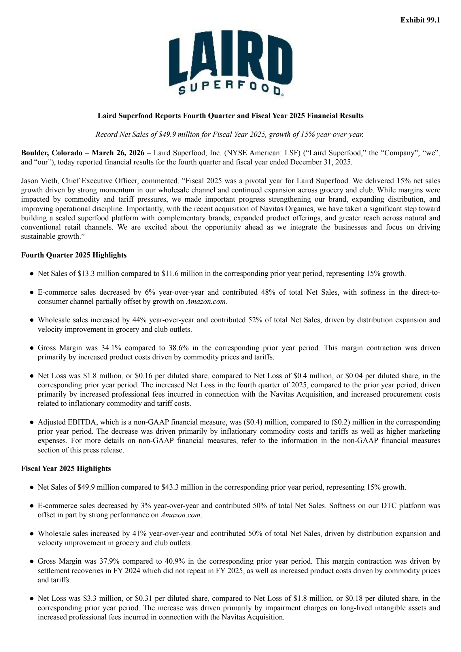 Laird Superfood's Q4 2025 Press Release