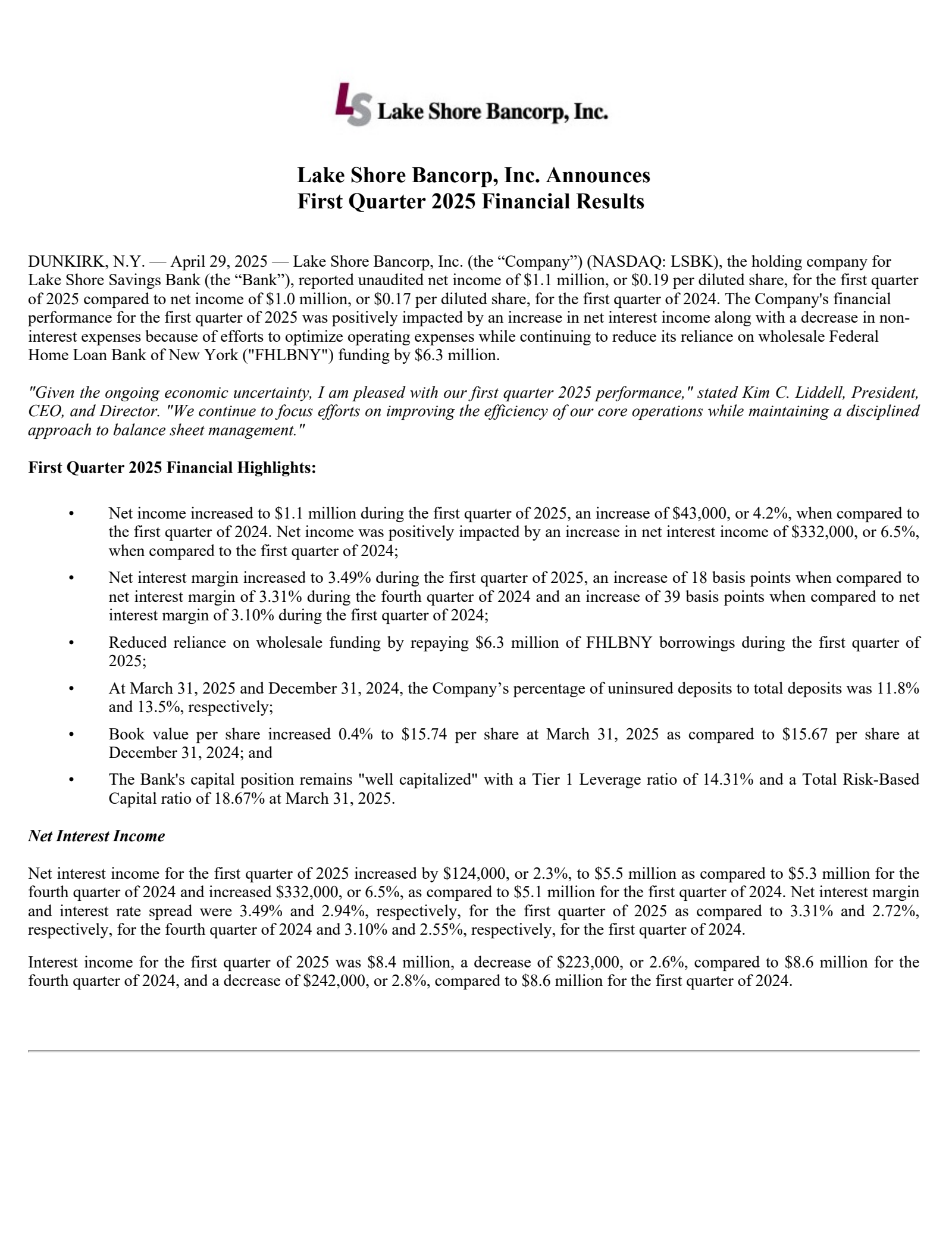 Lake Shore Bancorp's Q1 2025 Press Release