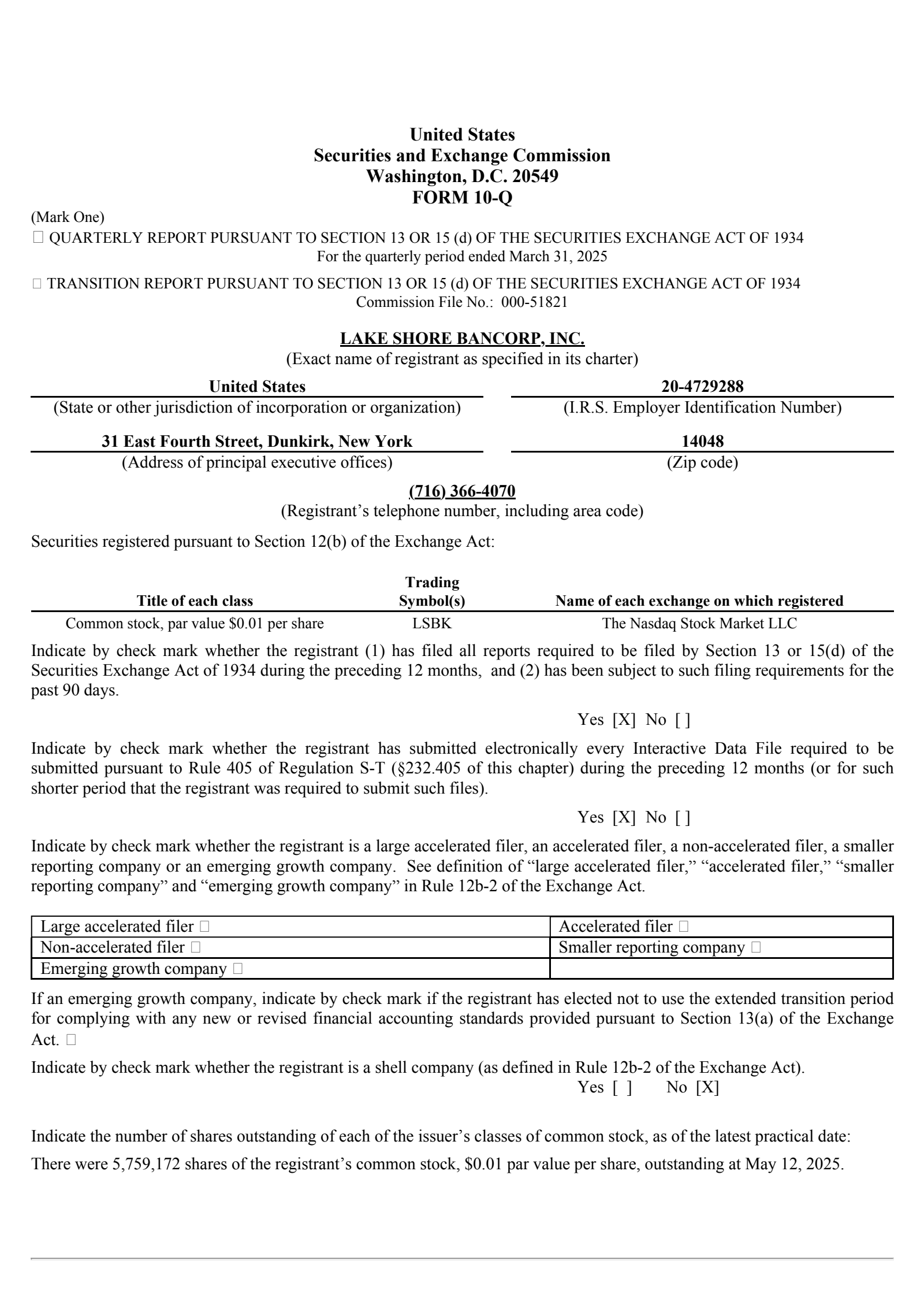 Lake Shore Bancorp's Q1 2025 Quarterly report