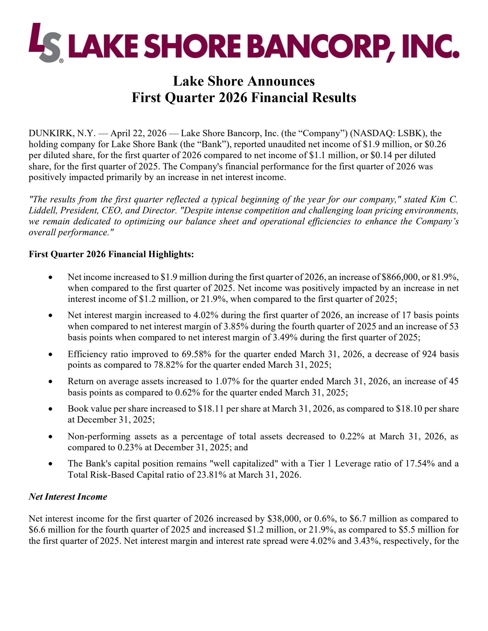 Lake Shore Bancorp's Q1 2026 Press Release