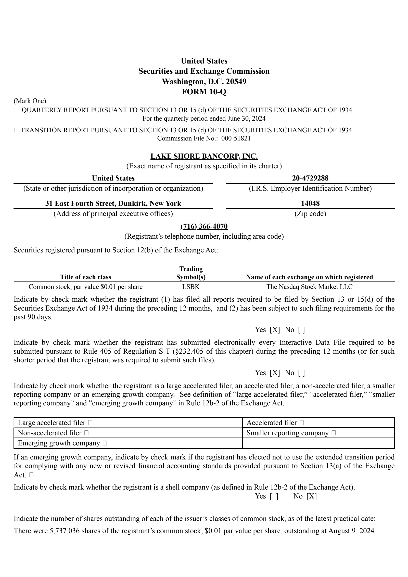 Lake Shore Bancorp's Q2 2024 Quarterly report