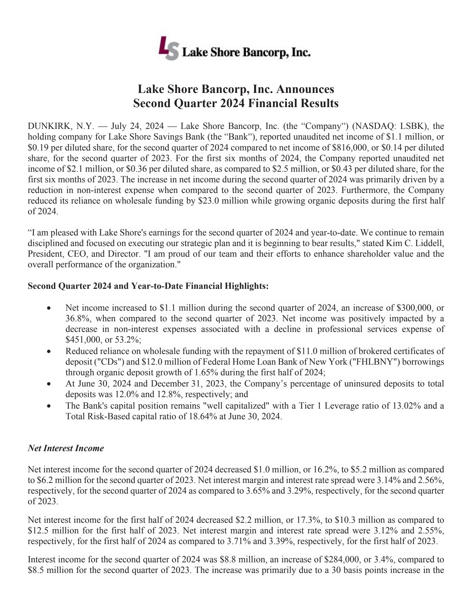 Lake Shore Bancorp's Q2 2024 Press Release