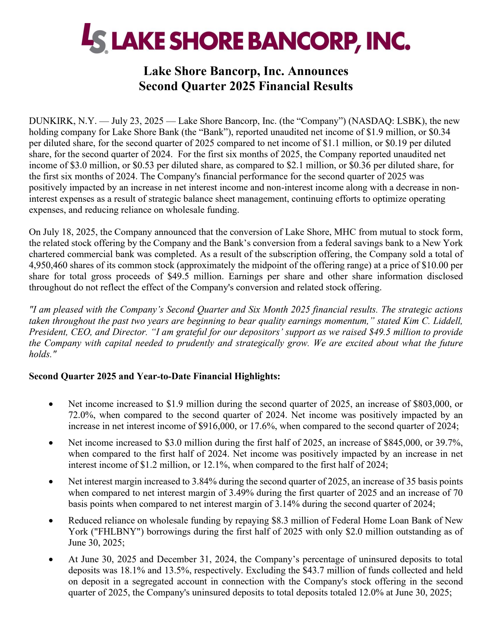 Lake Shore Bancorp's Q2 2025 Press Release