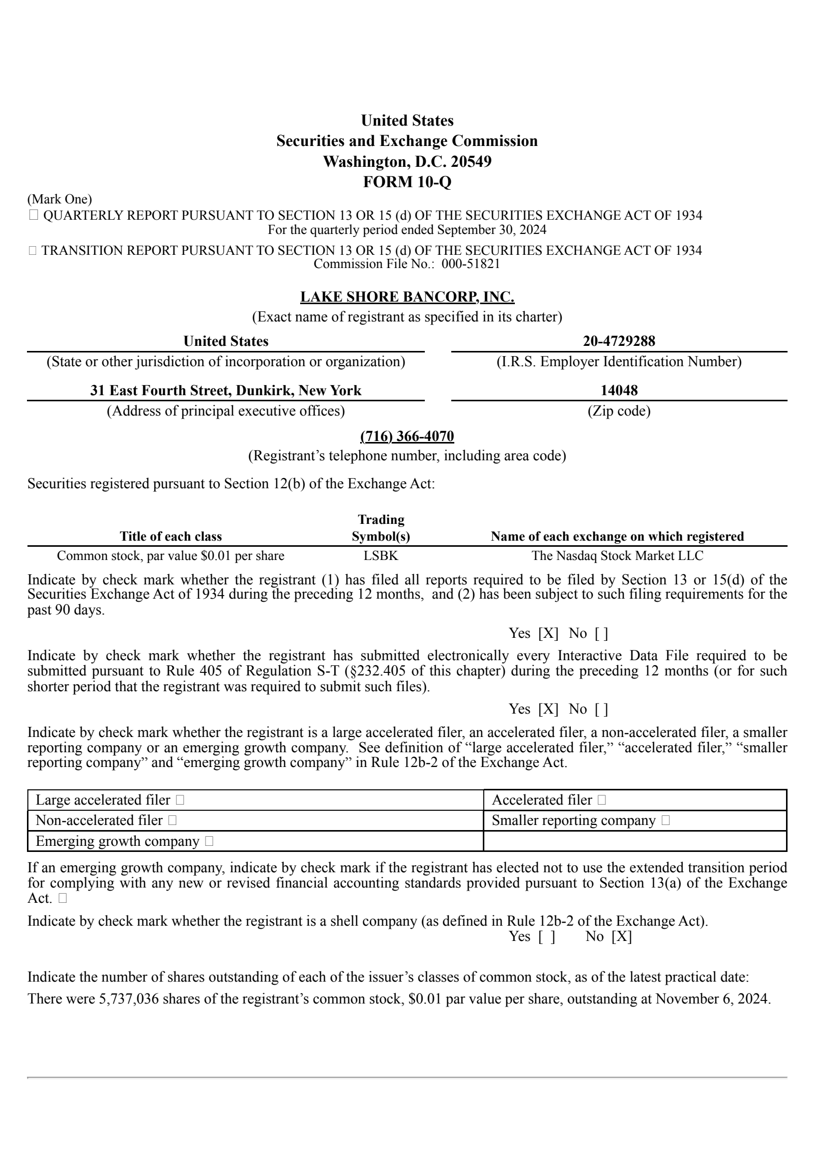 Lake Shore Bancorp's Q3 2024 Quarterly report