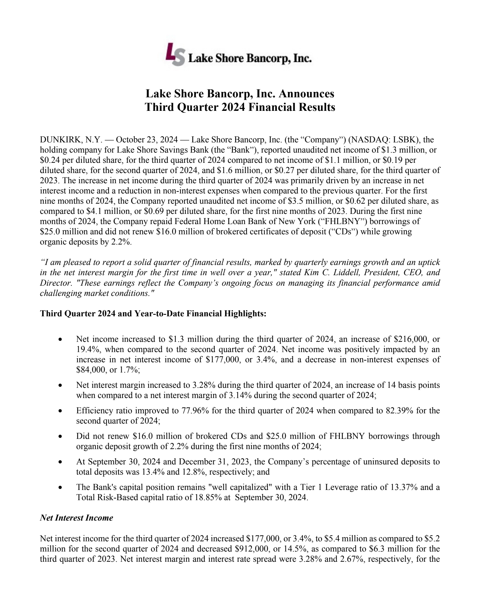 Lake Shore Bancorp's Q3 2024 Press Release