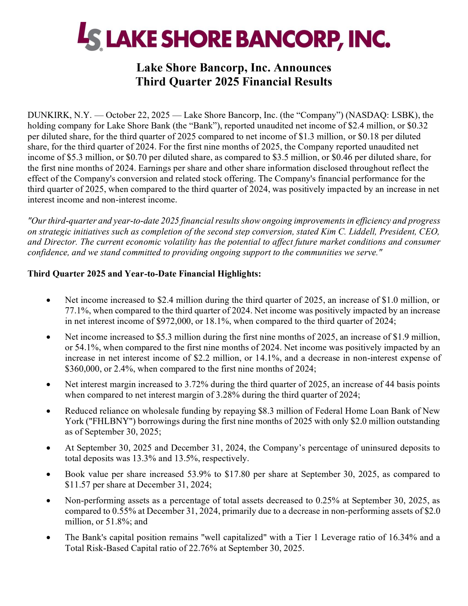 Lake Shore Bancorp's Q3 2025 Press Release