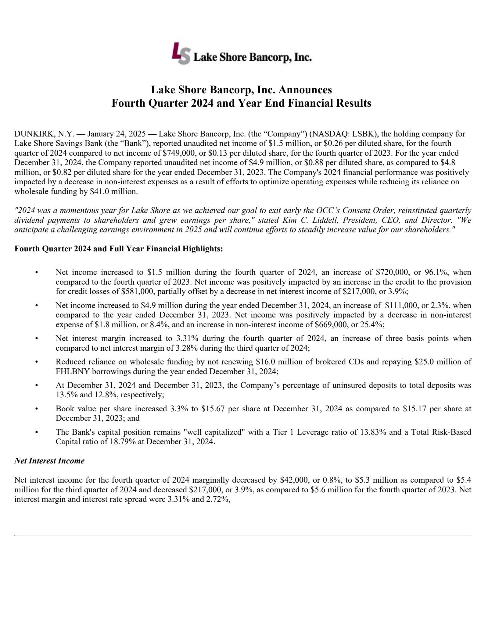 Lake Shore Bancorp's Q4 2024 Press Release