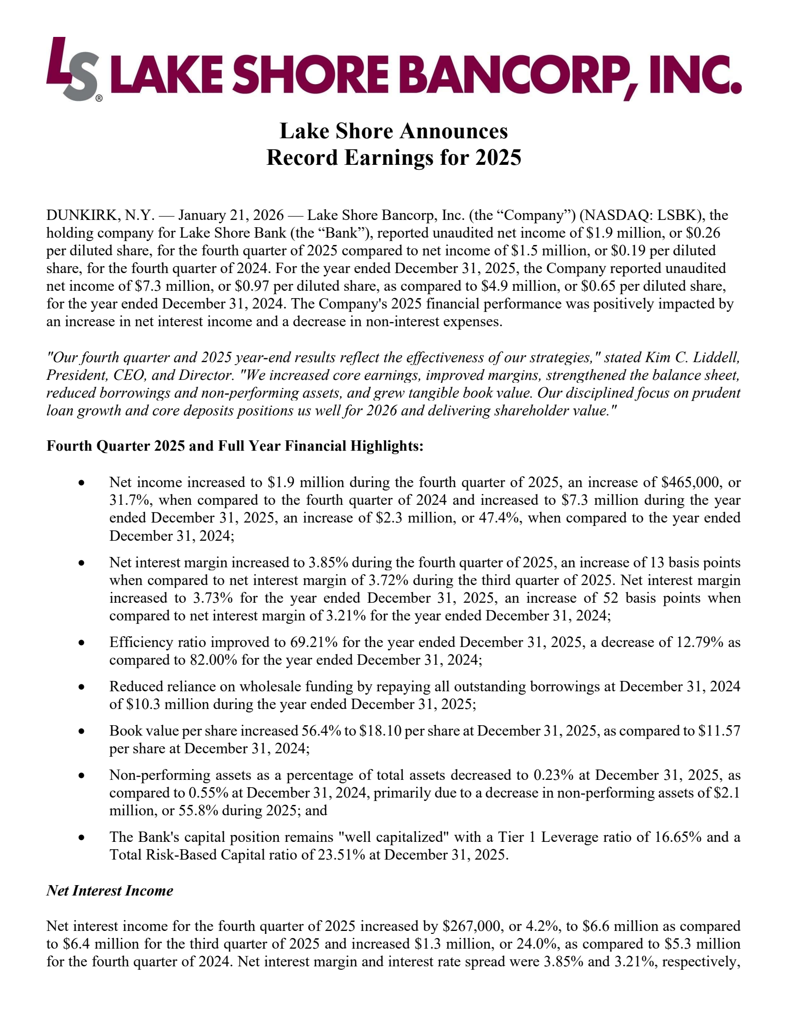Lake Shore Bancorp's Q4 2025 Press Release