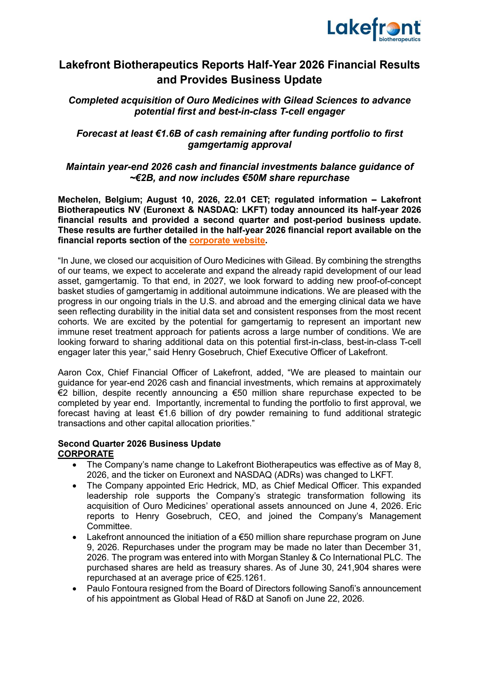 Lakefront Biotherapeutics American Depositary Shares' Q2 2026 Press Release