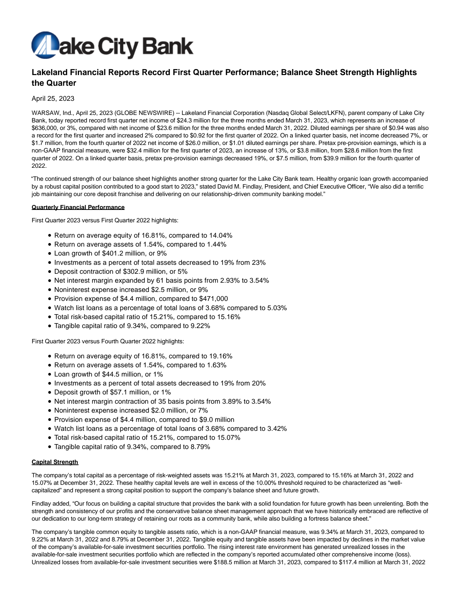 Lakeland Financial's Q1 2023 Press Release