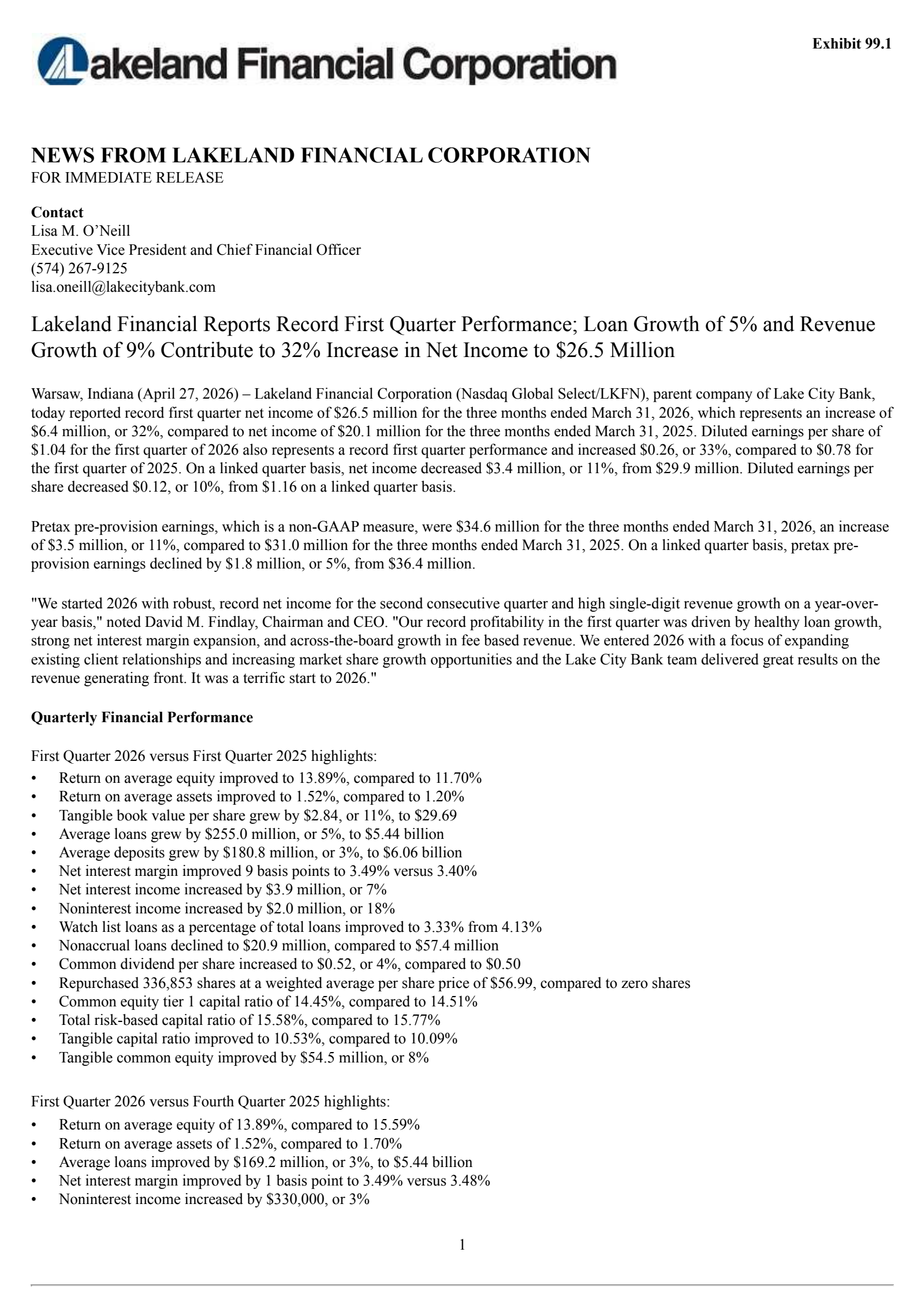 Lakeland Financial's Q1 2026 Press Release