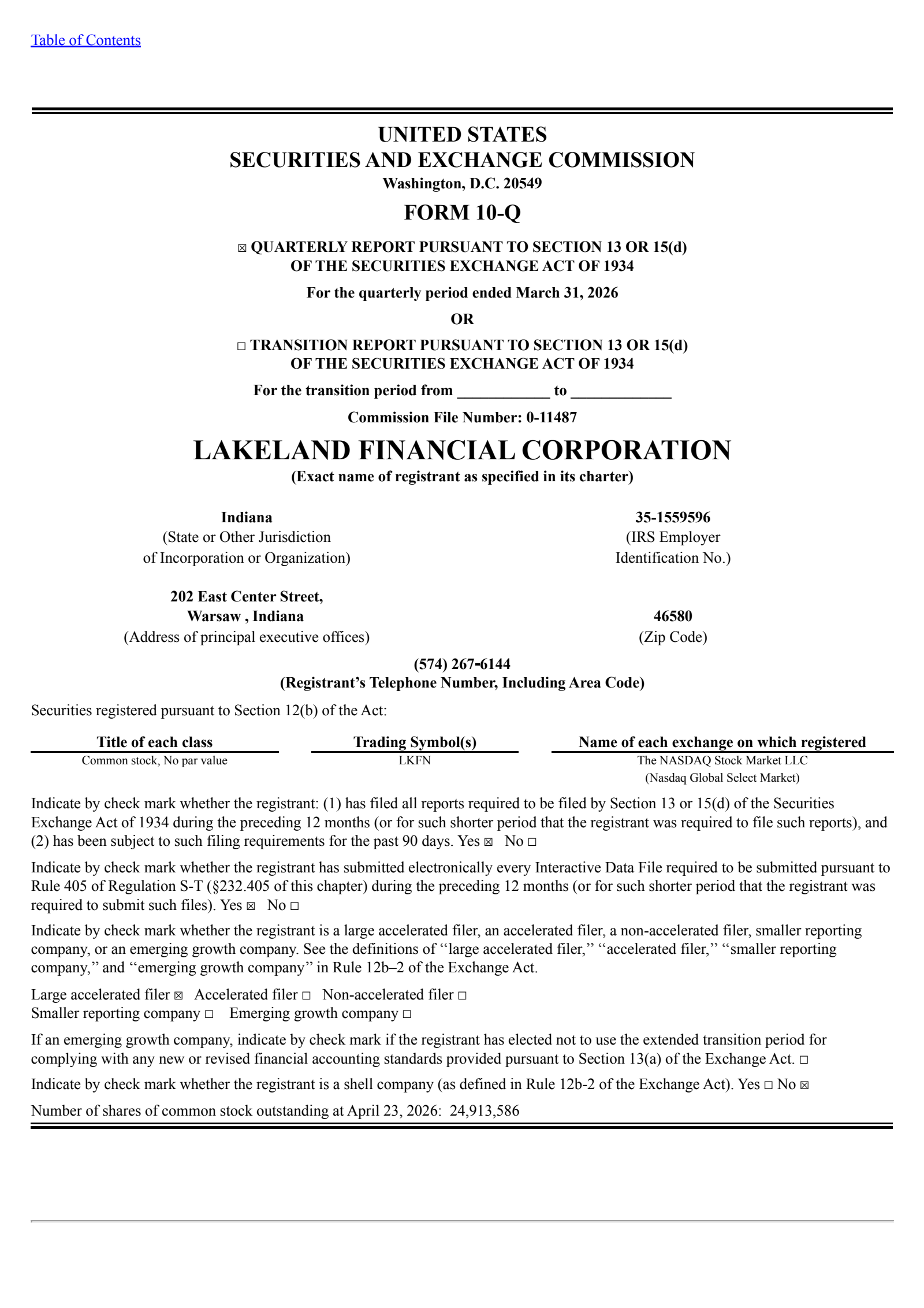 Lakeland Financial's Q1 2026 Quarterly report