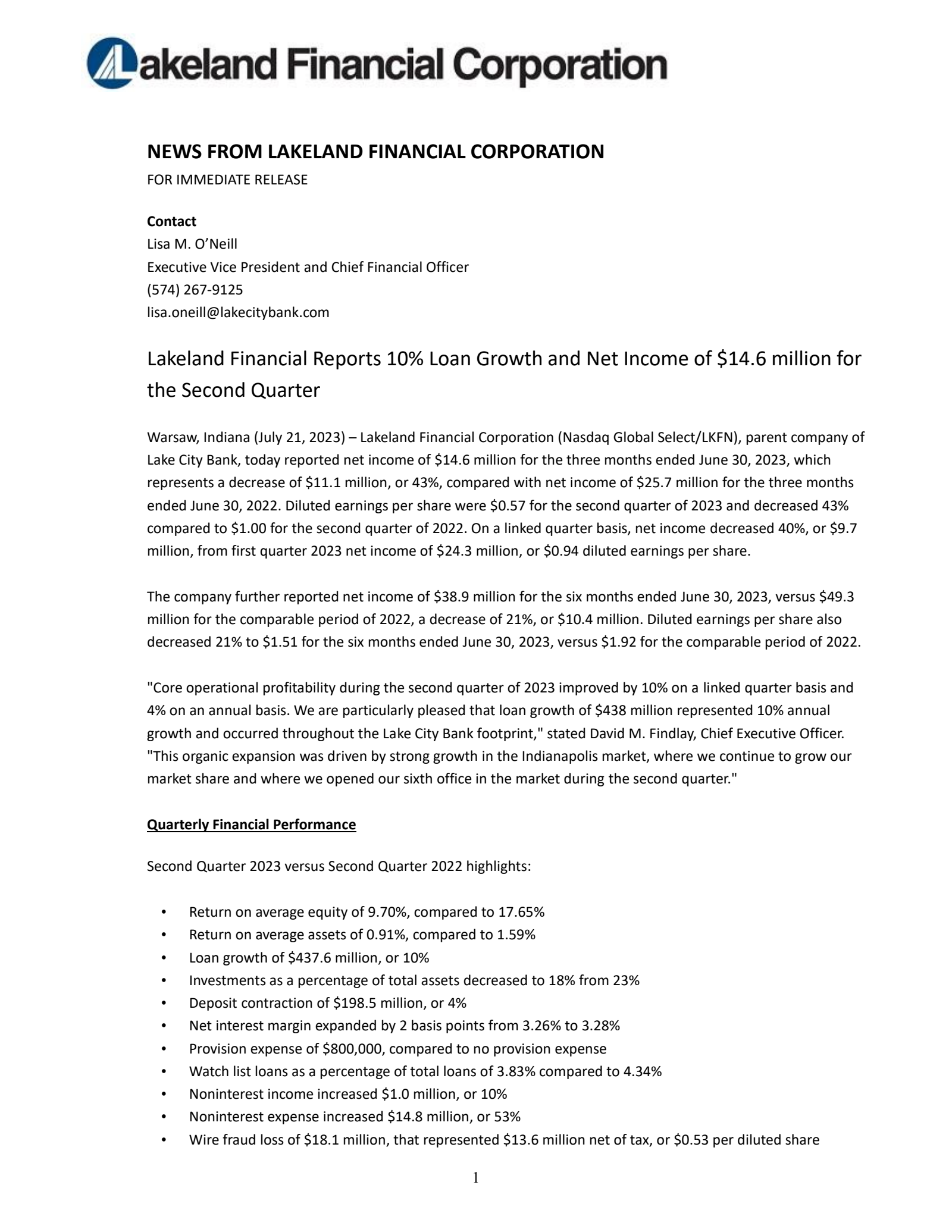 Lakeland Financial's Q2 2023 Press Release