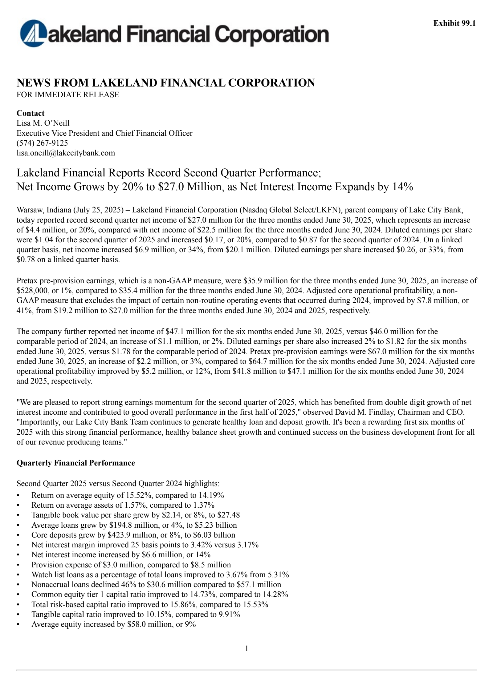 Lakeland Financial's Q2 2025 Press Release