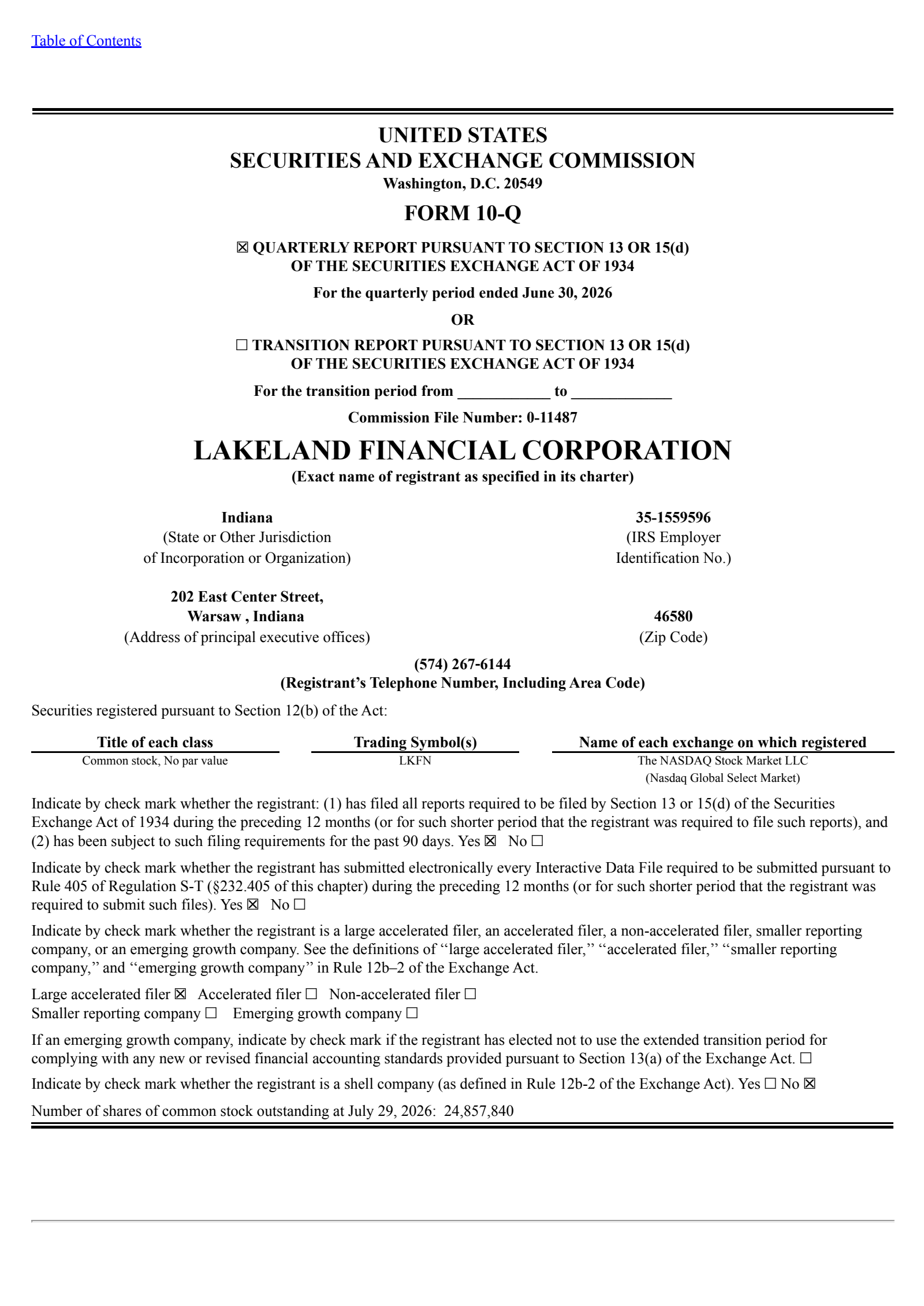 Lakeland Financial's Q2 2026 Quarterly report