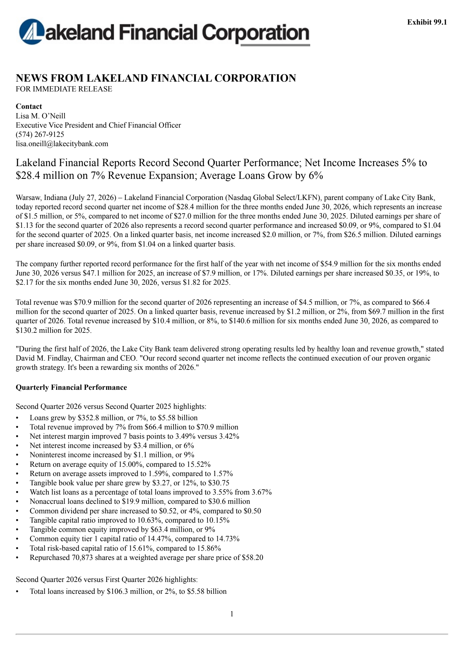 Lakeland Financial's Q2 2026 Press Release