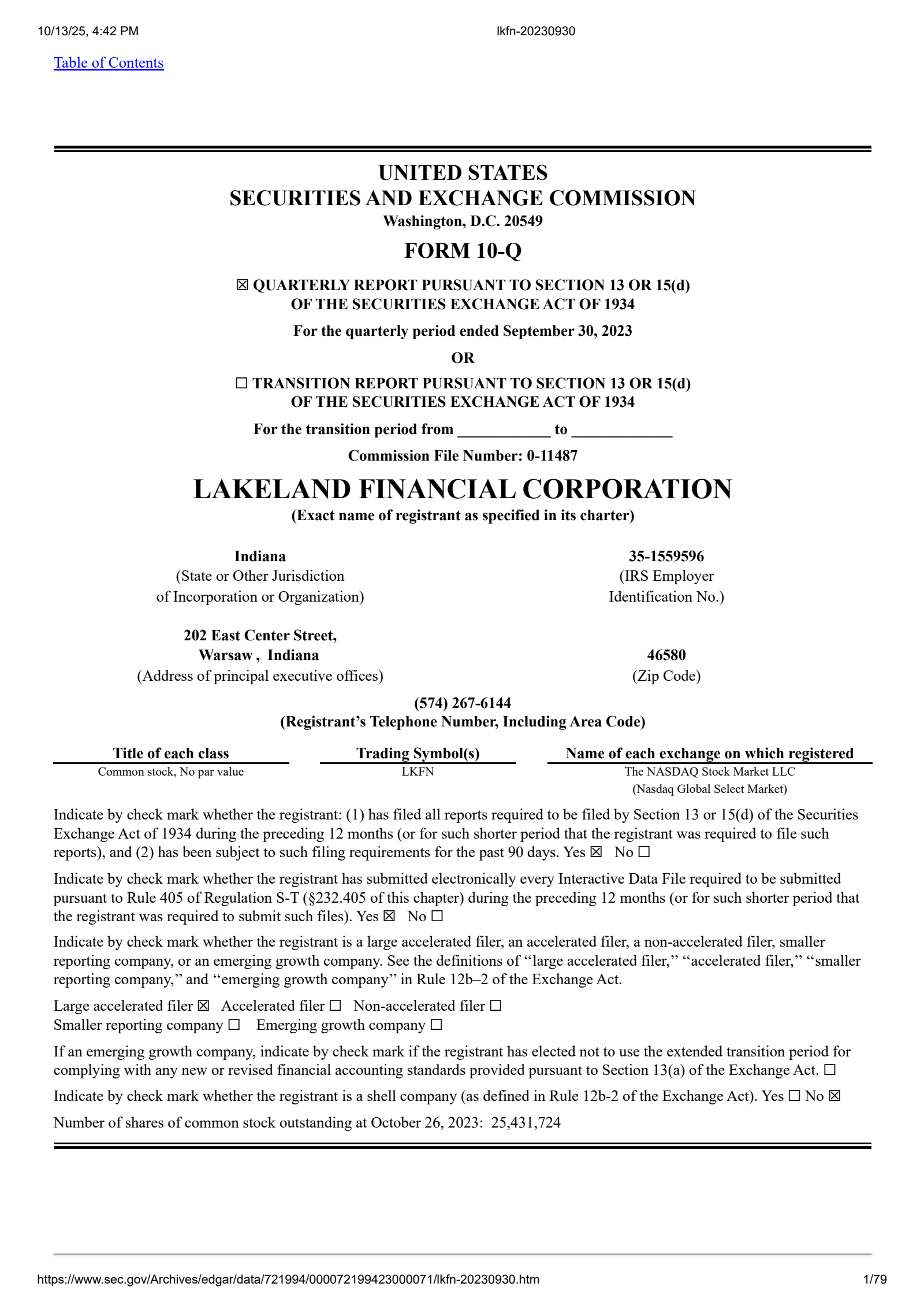Lakeland Financial's Q3 2023 Quarterly Report